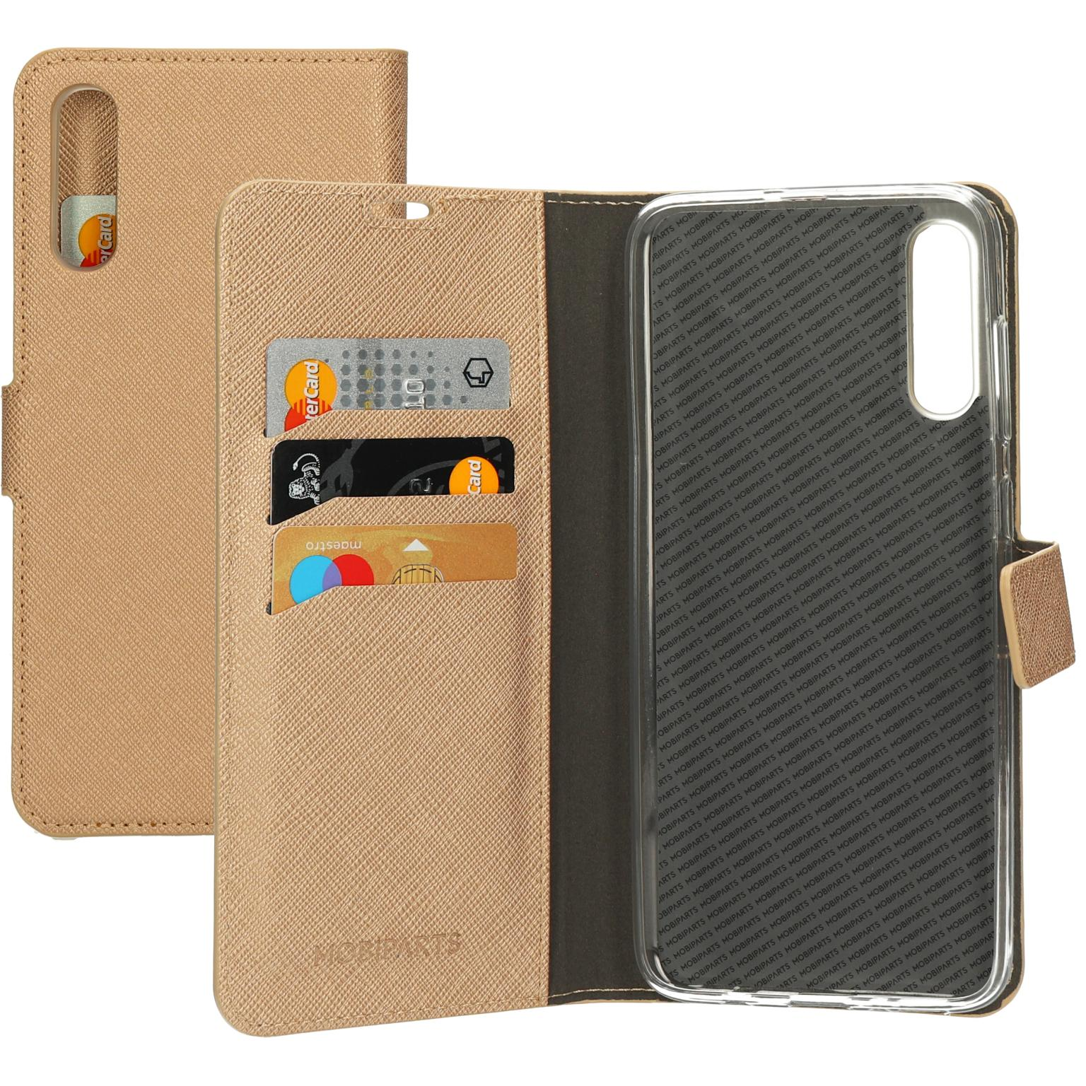 Tan telefoonhoes, open, met kaartsleuven en een telefoon.