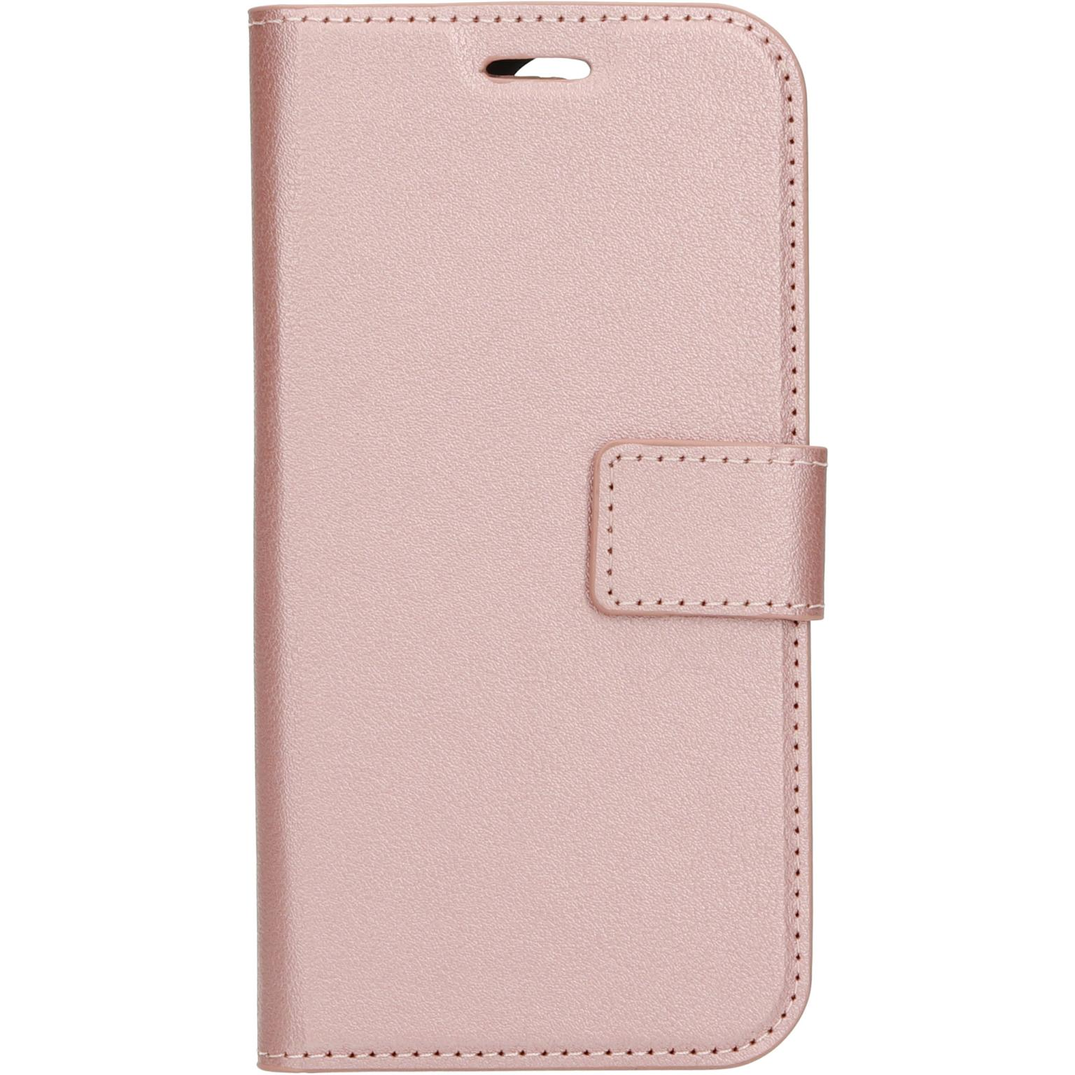 Roségouden telefoonhoesje, gesloten. Magnetische sluiting. Gestikte randen.