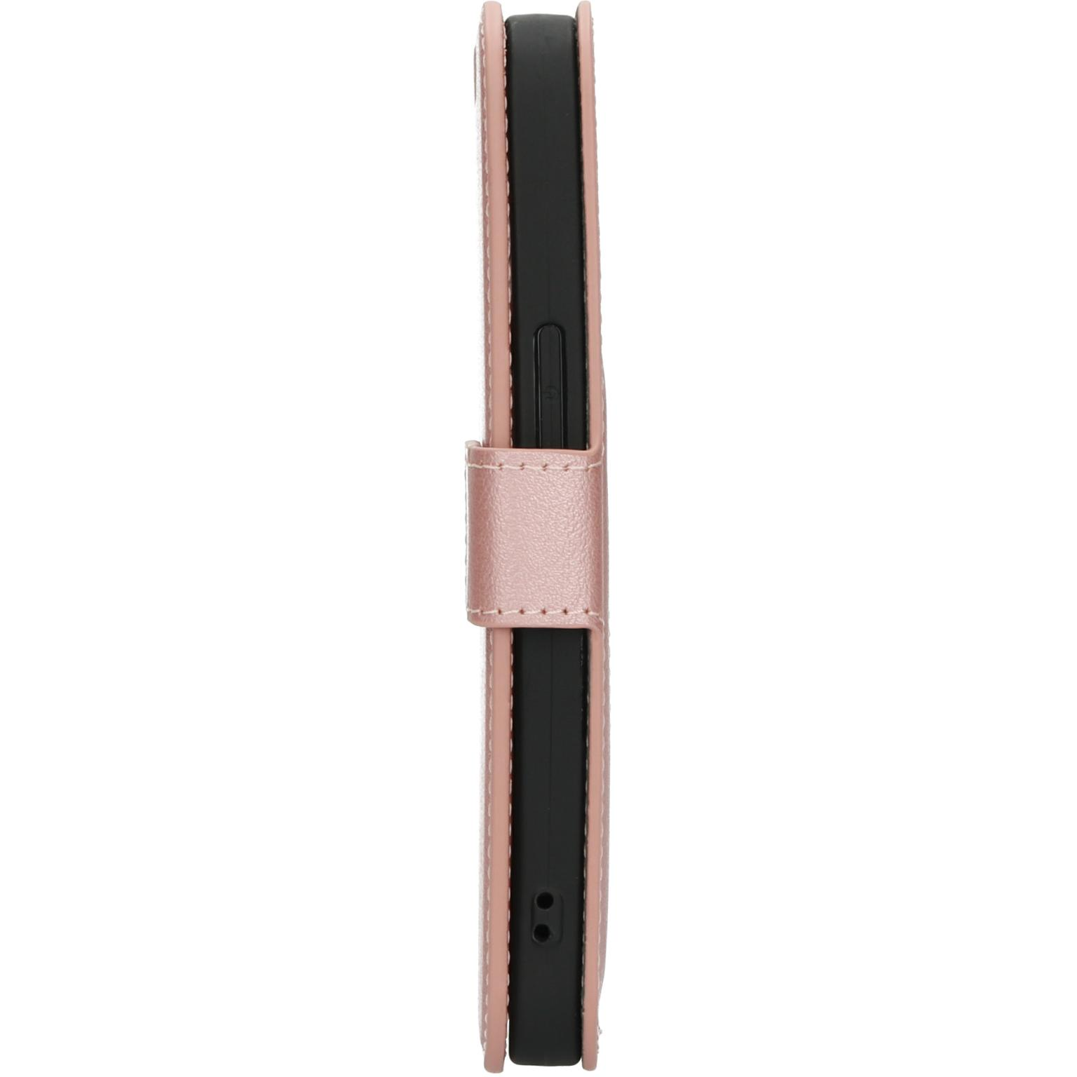 Roze leren telefoonhoes in portemonnee-stijl. De hoes is gesloten en toont de zijkant.