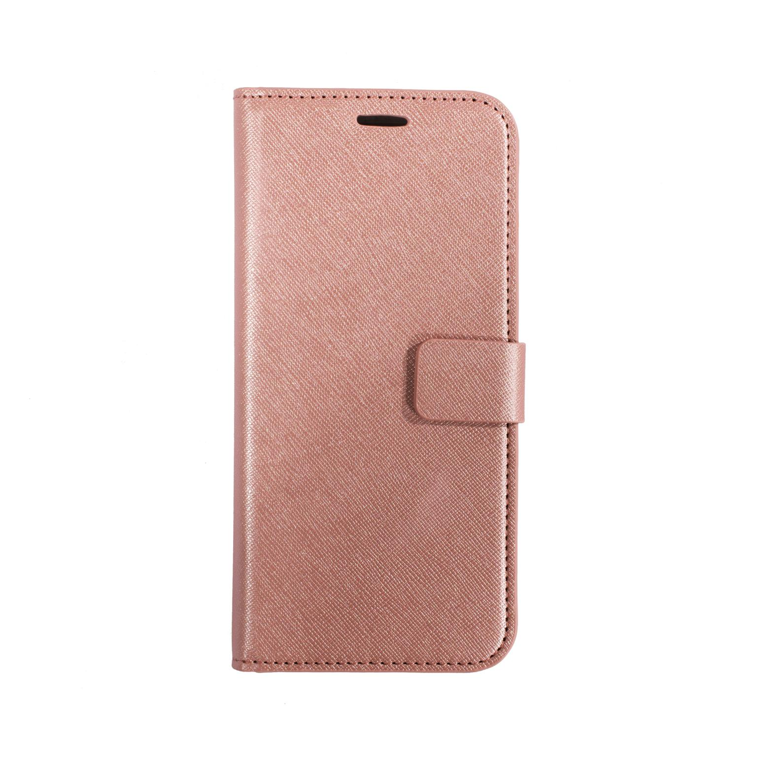 Roségouden telefoonhoes, gesloten. De hoes is gemaakt van een textuur en heeft een sluiting.