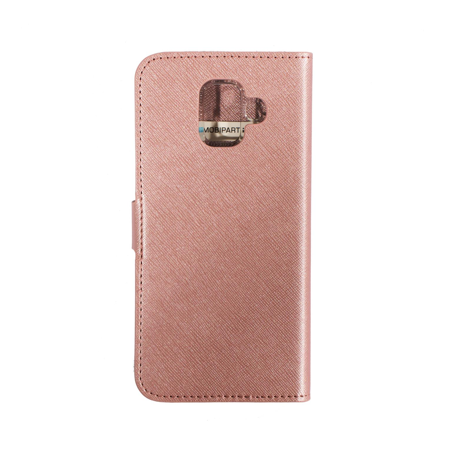 Een roze telefoonhoesje, gesloten, met een uitsparing voor de camera en het MobiParts-logo.