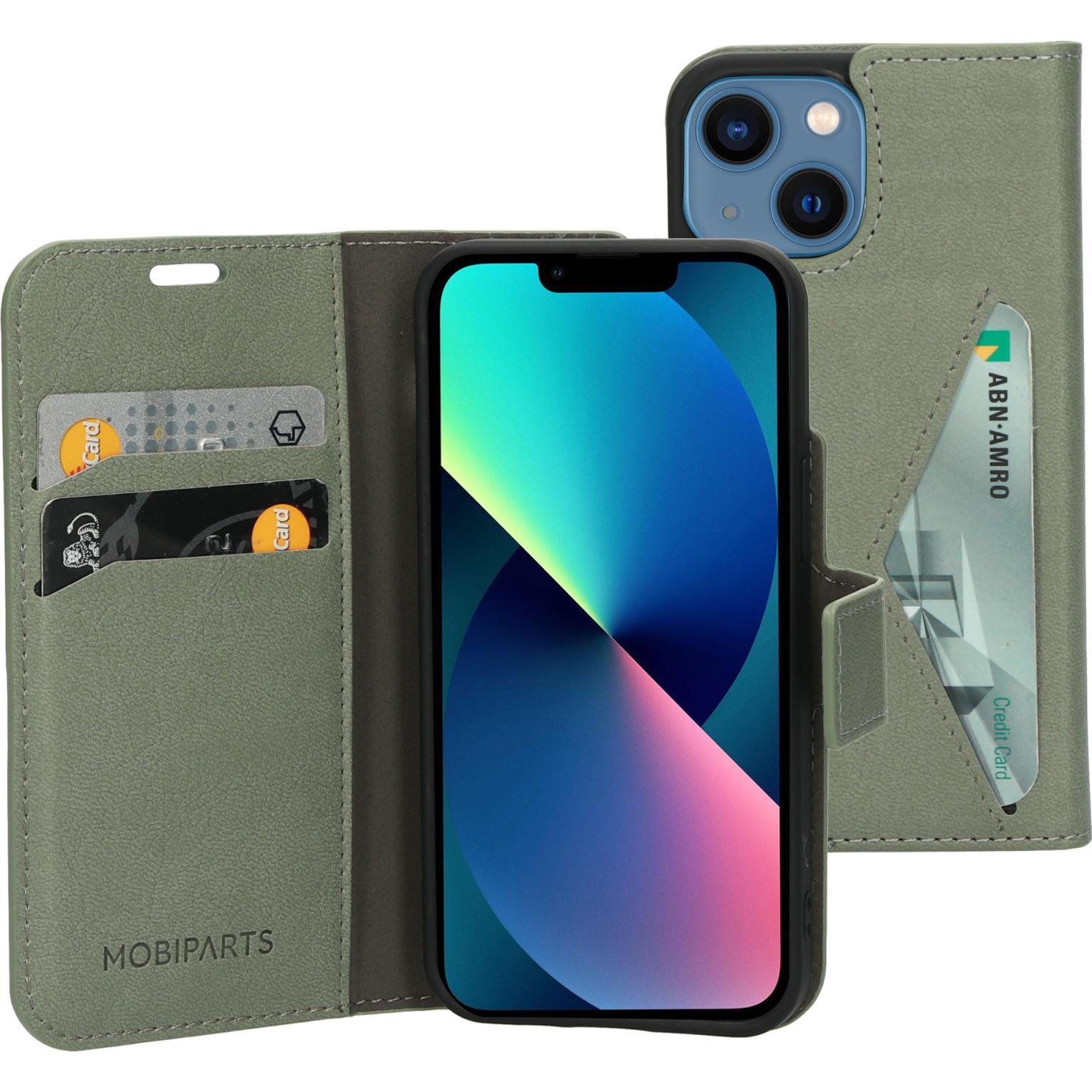 Green phone case, open, with a phone, credit cards, and the MobiParts logo visible.