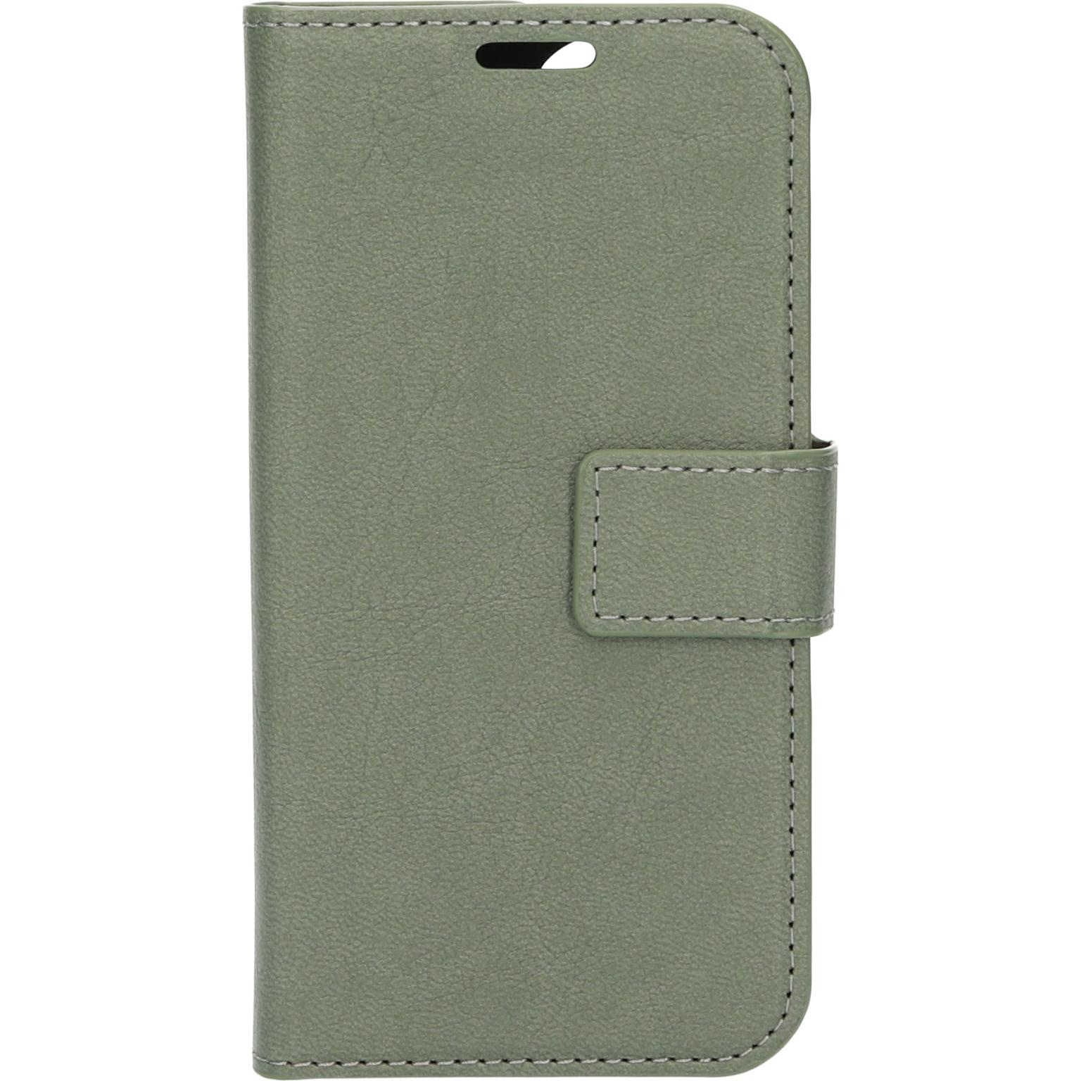 Green phone case with a flap and magnetic closure. Detailed stitching visible.