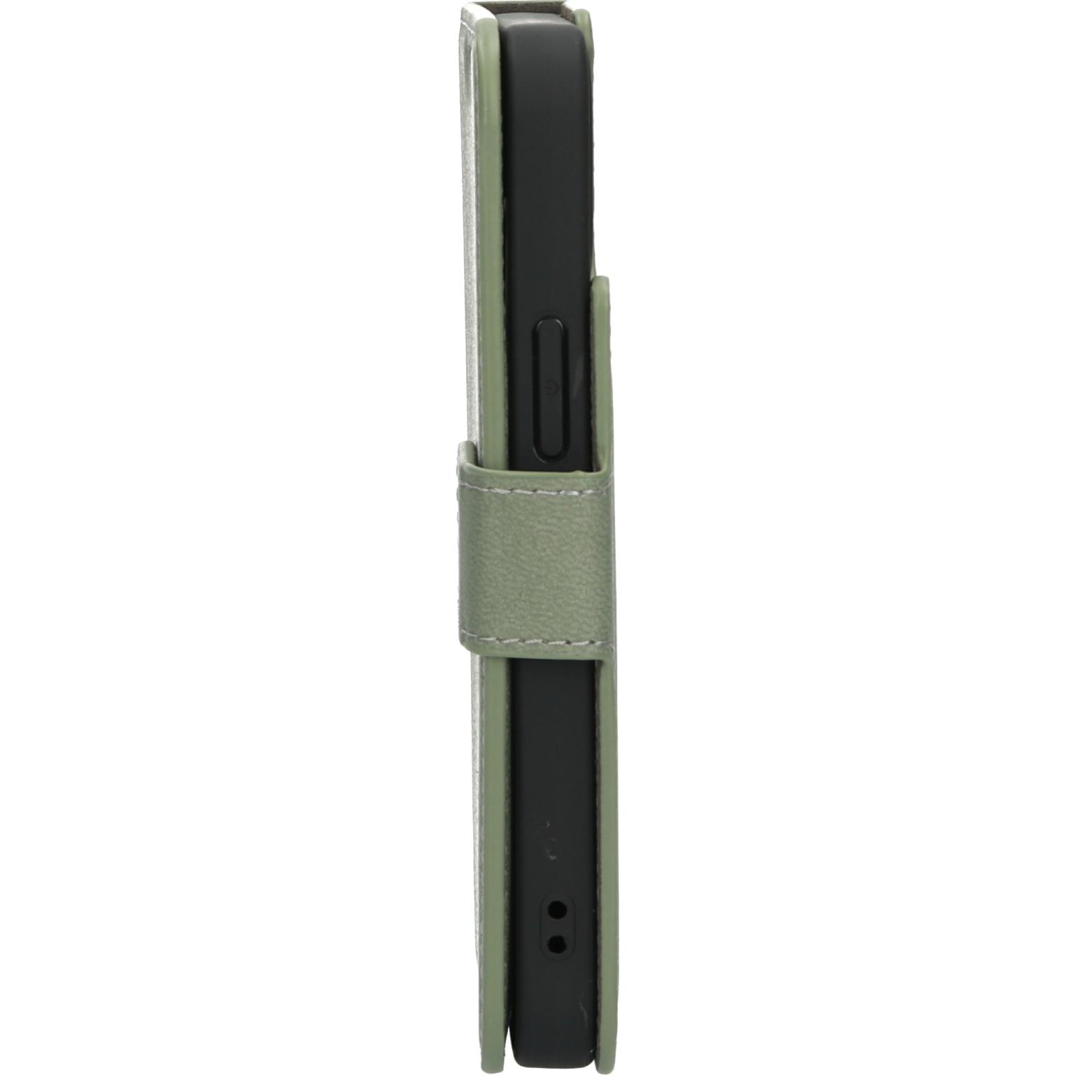 Green phone case. The case is closed, covering the back and sides of a phone. The case has a clasp.