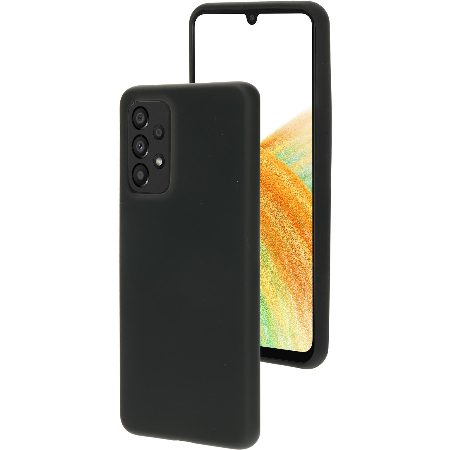 Zwarte telefoonhoes en telefoon met scherm. De hoes bedekt de telefoon, met een camera.