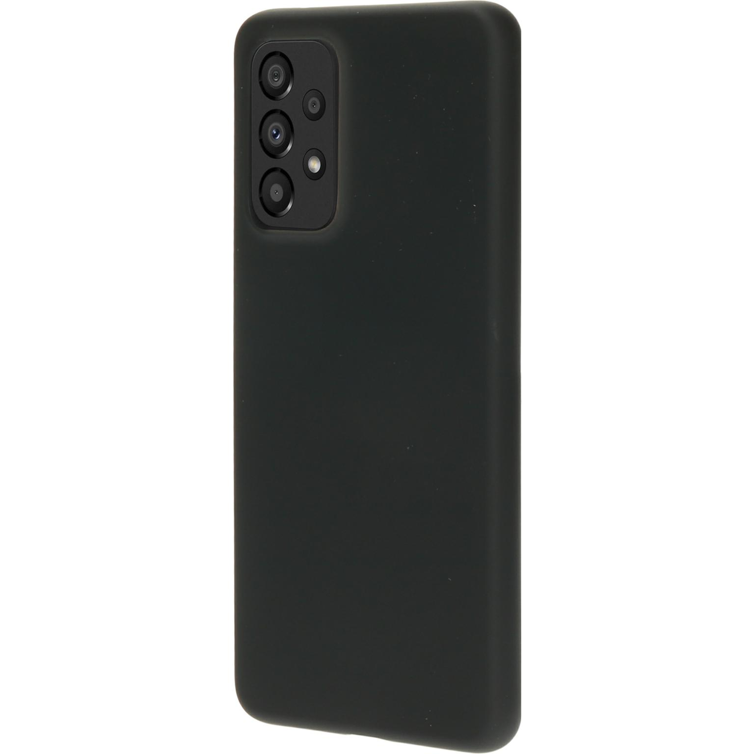 Een zwarte telefoonhoes, solide, met een zichtbare cameramodule.