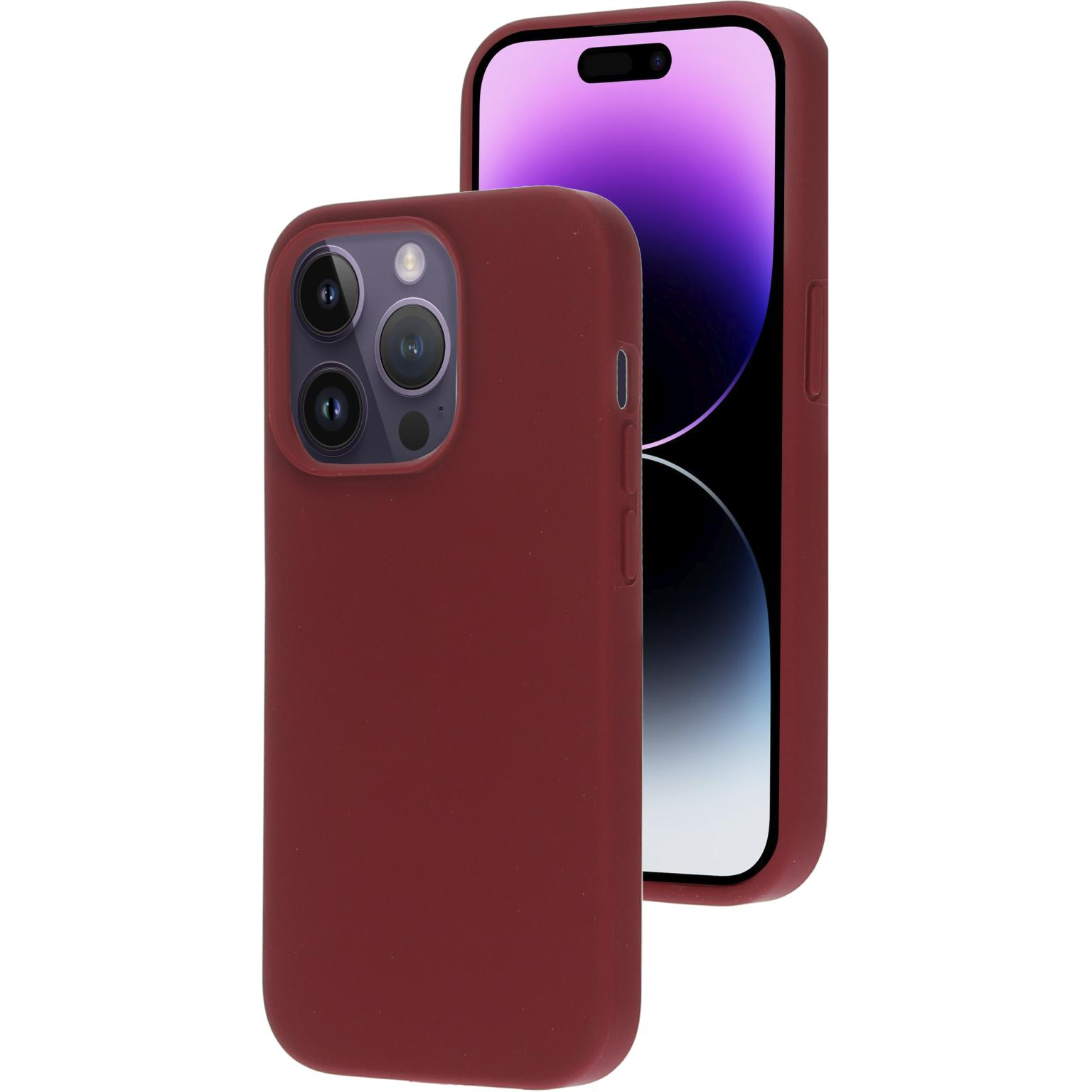 Rode telefoonhoes met een telefoon. De telefoon is donkerrood.