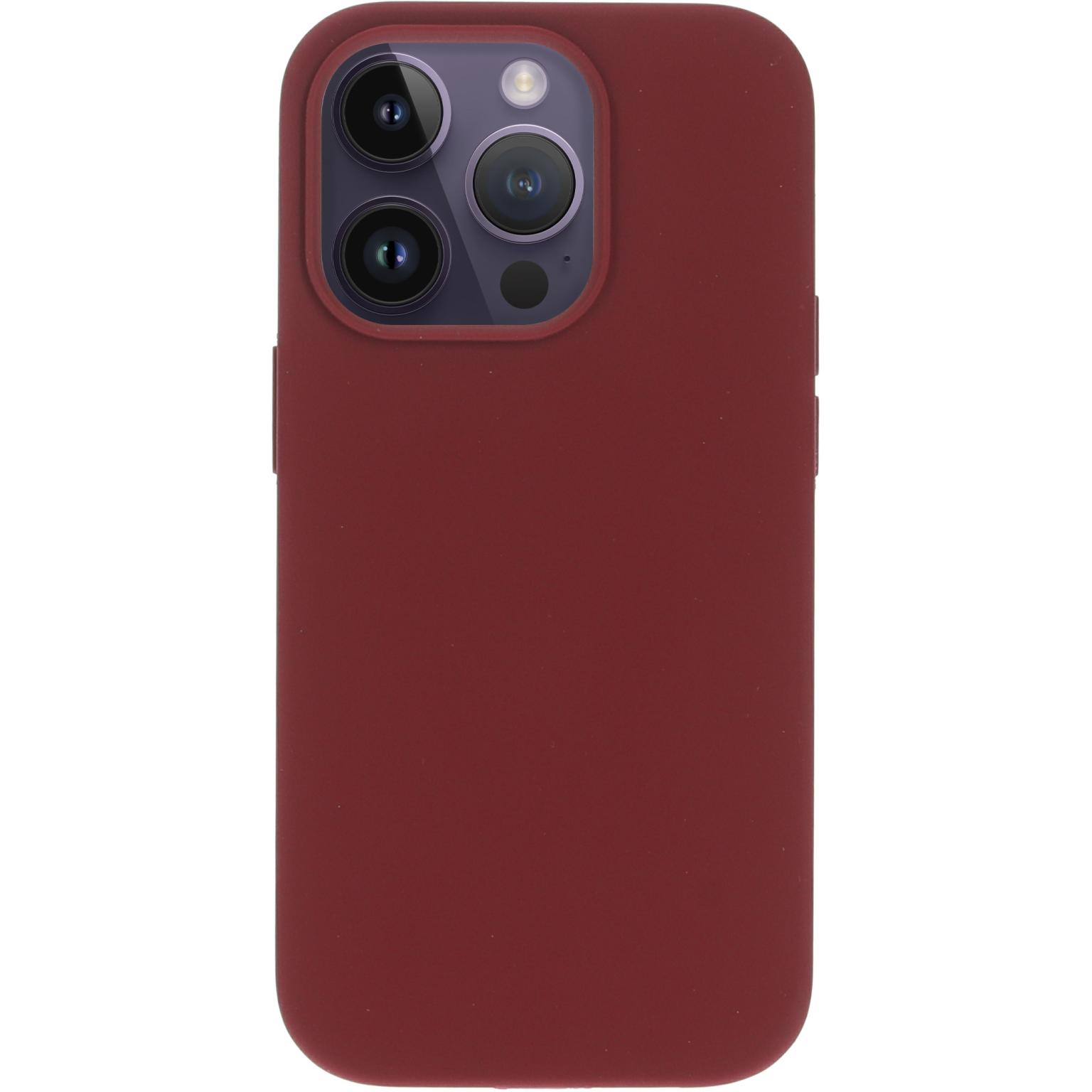 Rode telefoonhoes met drie camera's en een flitser. De telefoon ligt omhoog.