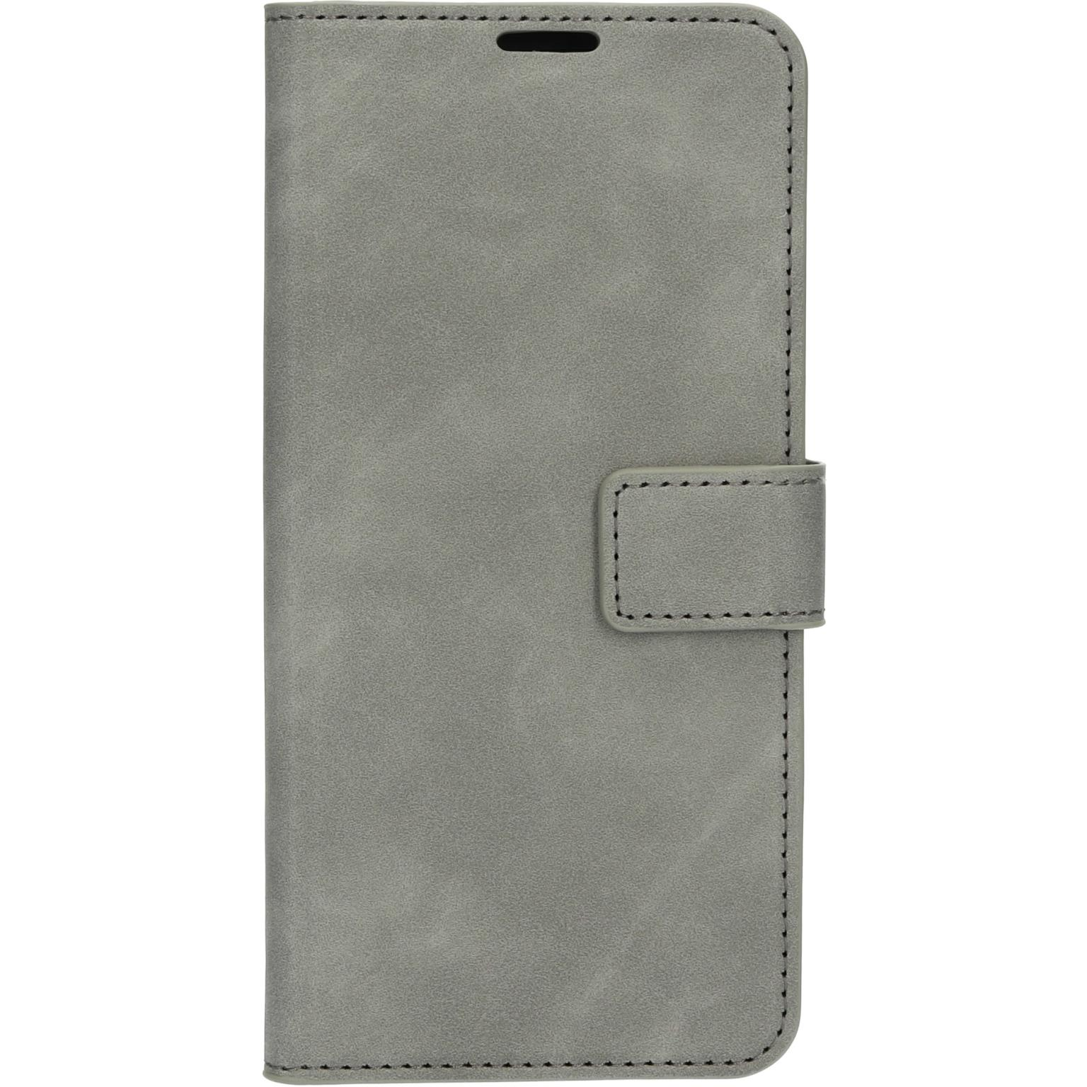 Gray phone case, closed. Magnetic closure. Stitched edges. The case is closed.