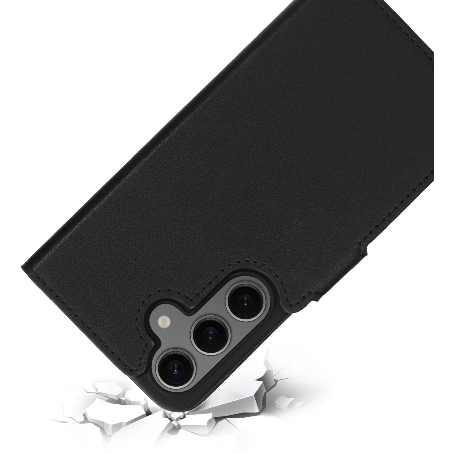 Een zwart telefoonhoesje met camera en witte achtergrond.