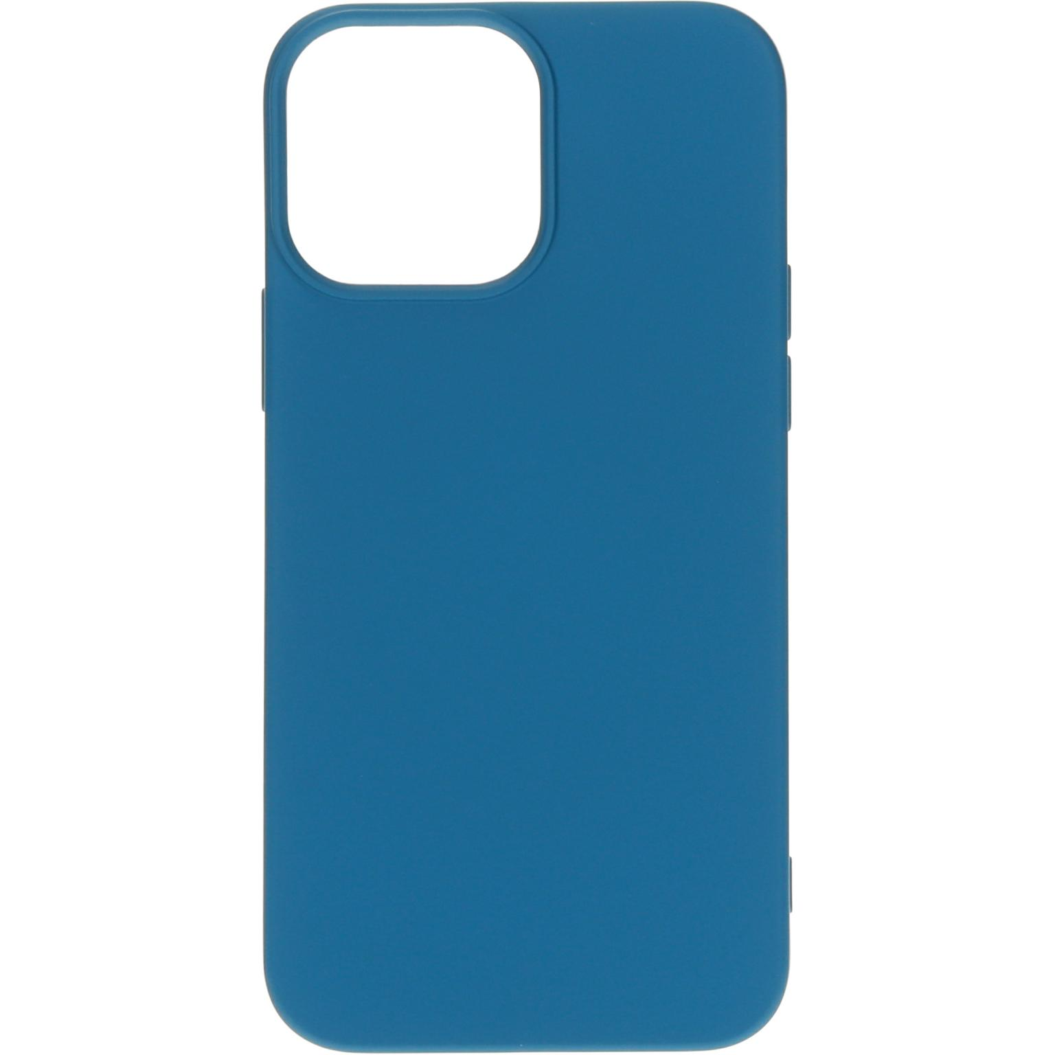 Blauwe telefoonhoes, camera-uitsparing, glanzend oppervlak. Witte achtergrond.