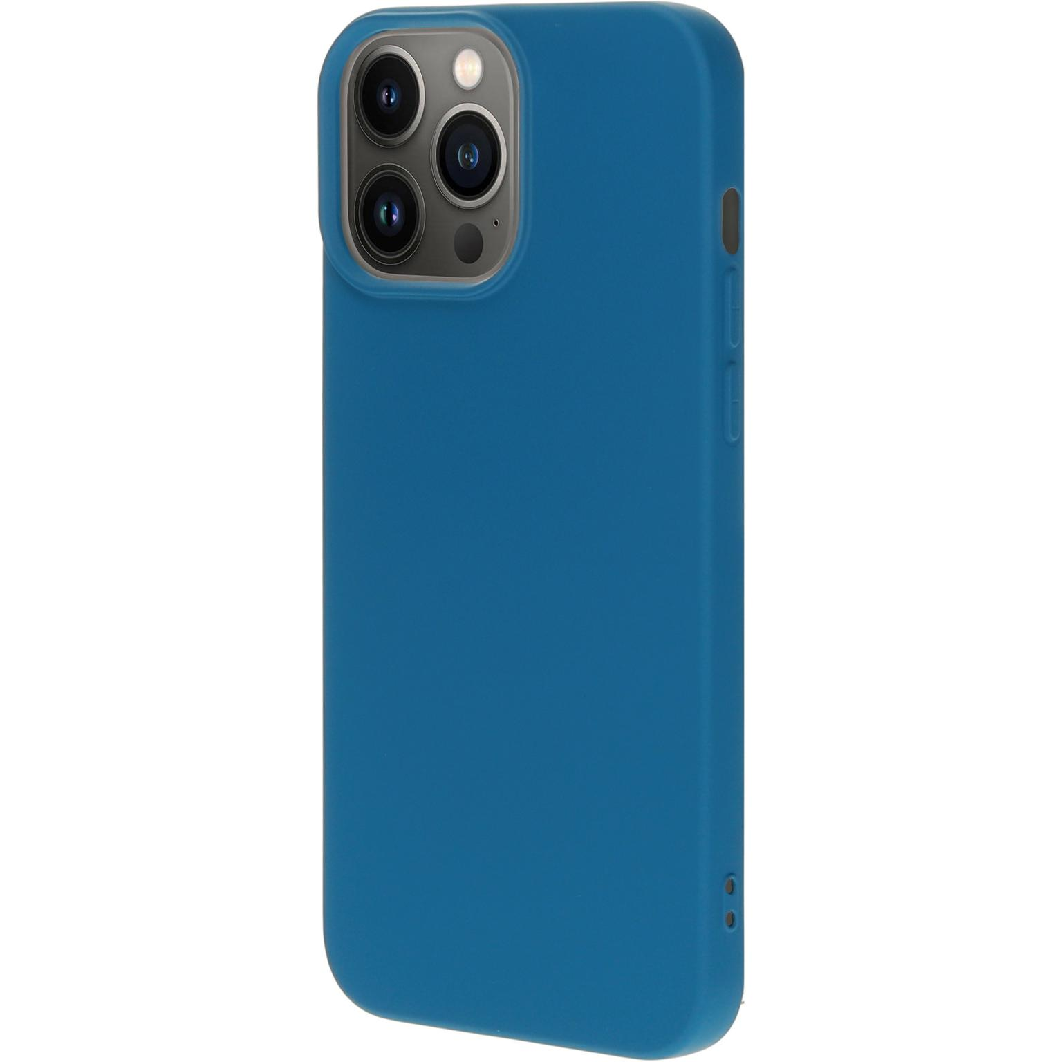 Blauwe telefoonhoes op witte achtergrond. Drie cameralenzen zichtbaar.