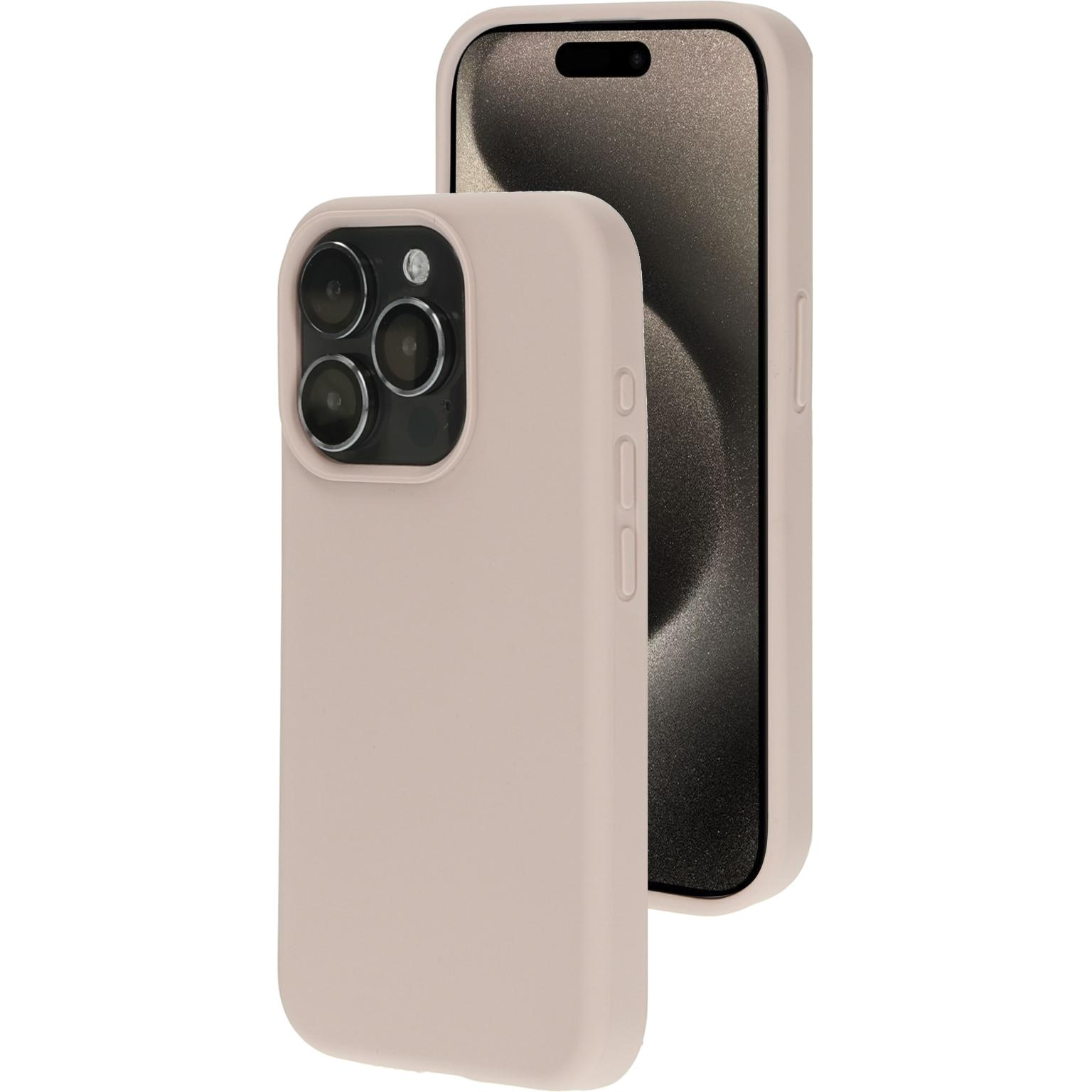 Roze telefoonhoes en telefoon. De achtergrond is wit.