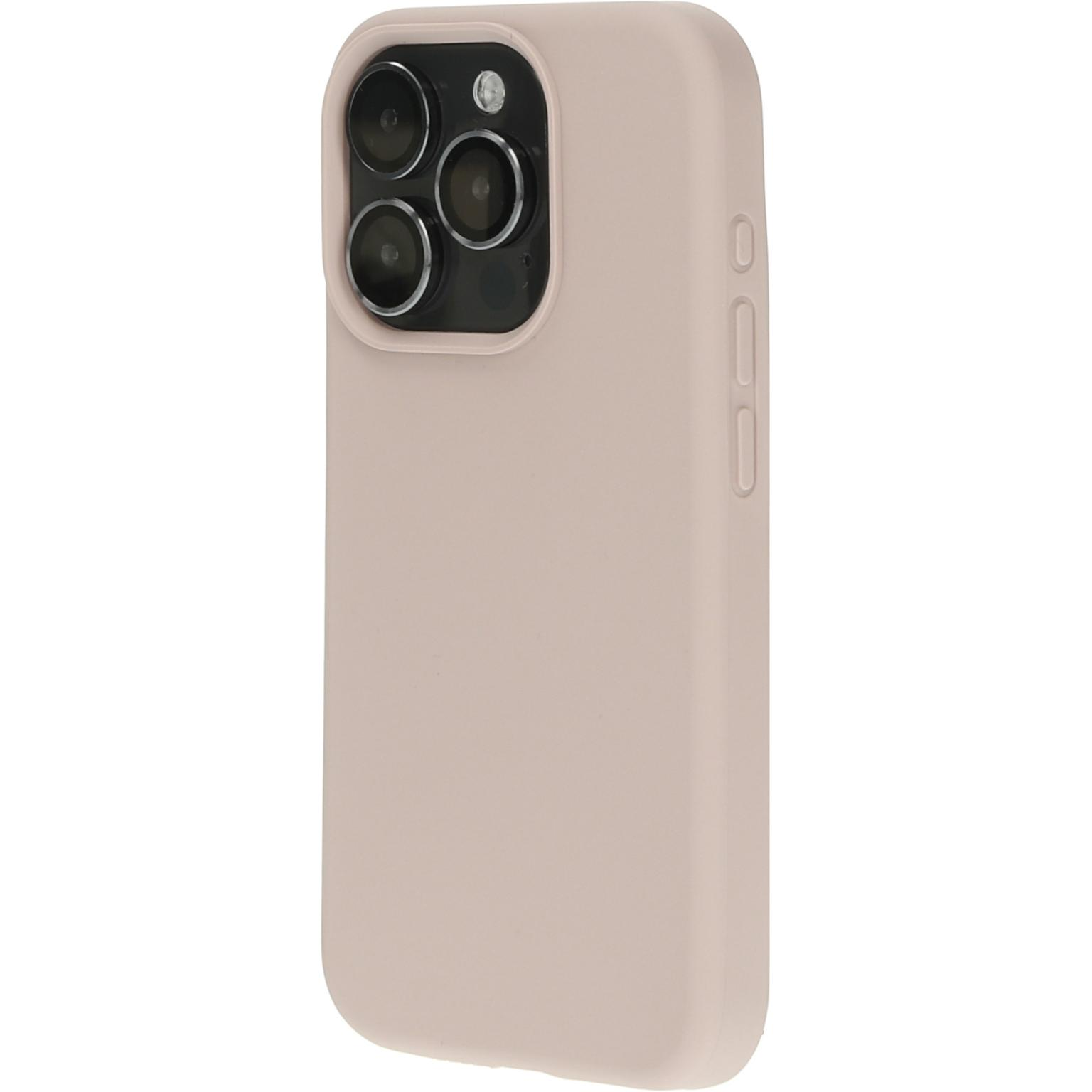 Roze telefoonhoesje met drievoudige camera. Witte achtergrond.