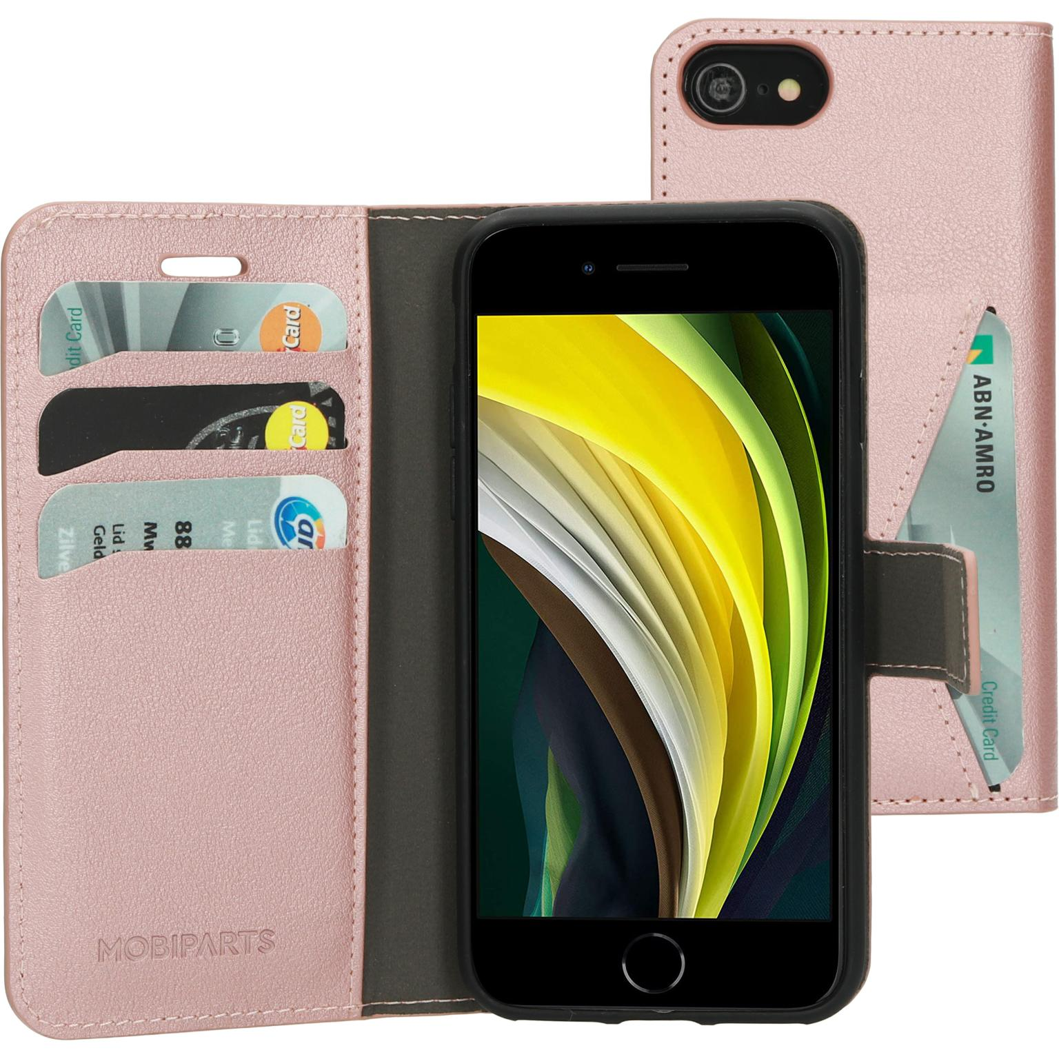 Roze telefoonhoes open, onthult kaarten en een telefoon. Rechterkant heeft een kaartsleuf.
