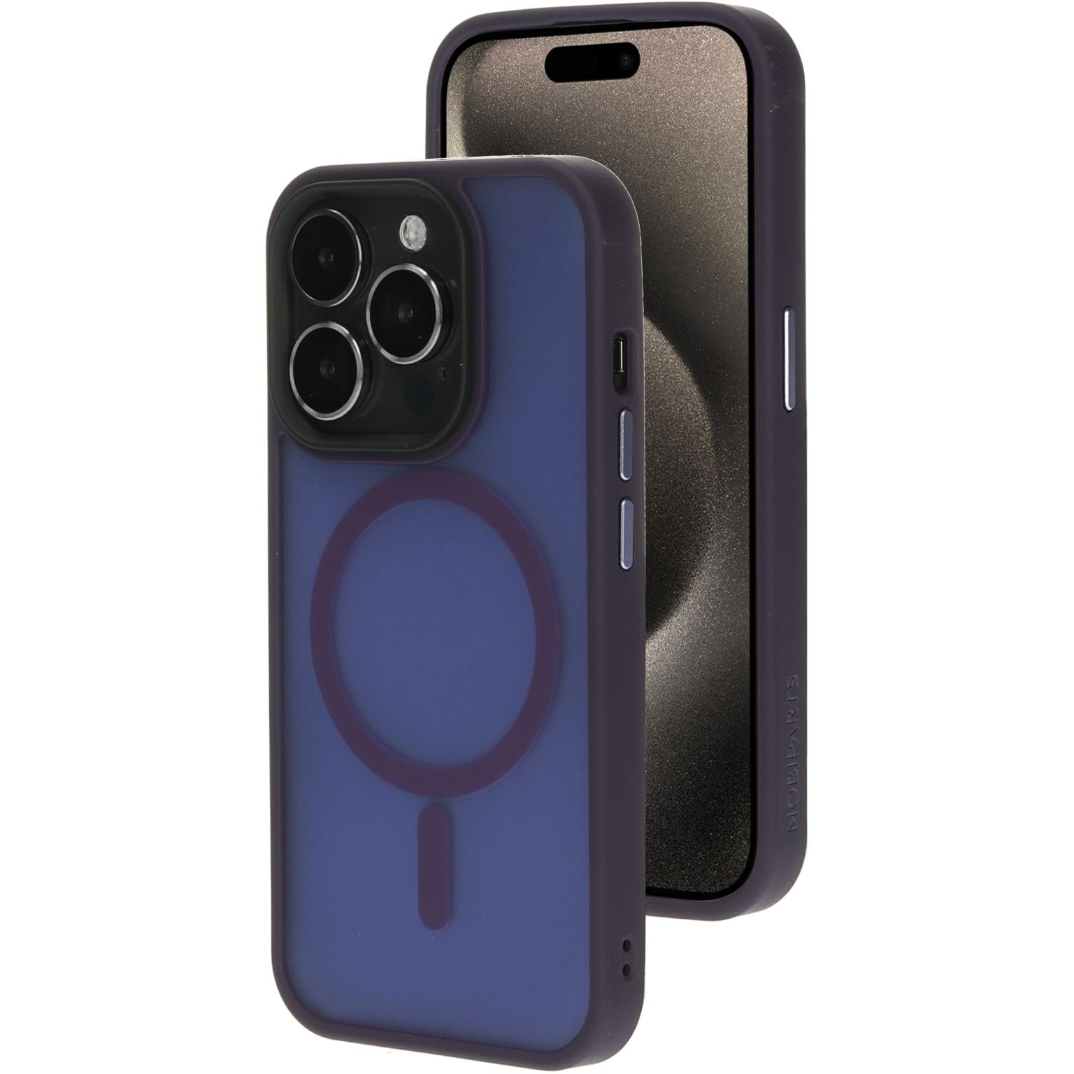 Paarse telefoonhoesjes met camera-uitsparingen. Eén voor, één achter. Witte achtergrond.