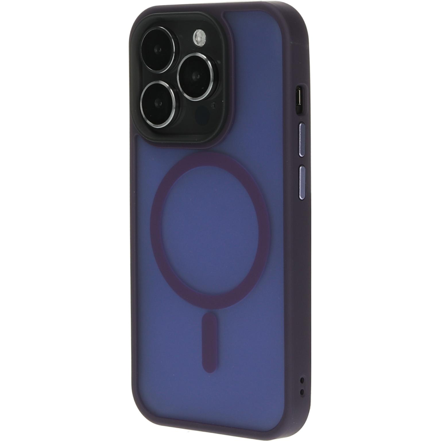 Paarse telefoonhoes met cameramodule en een paarse cirkel en magnetische ring.