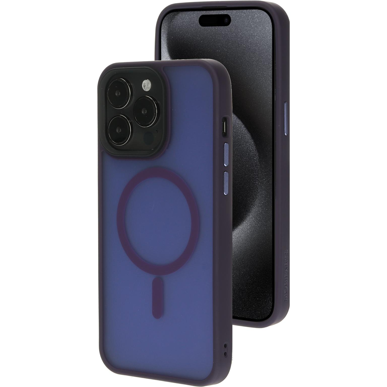 Donkerblauwe telefoonhoes, met een cirkelvorm. Witte achtergrond.