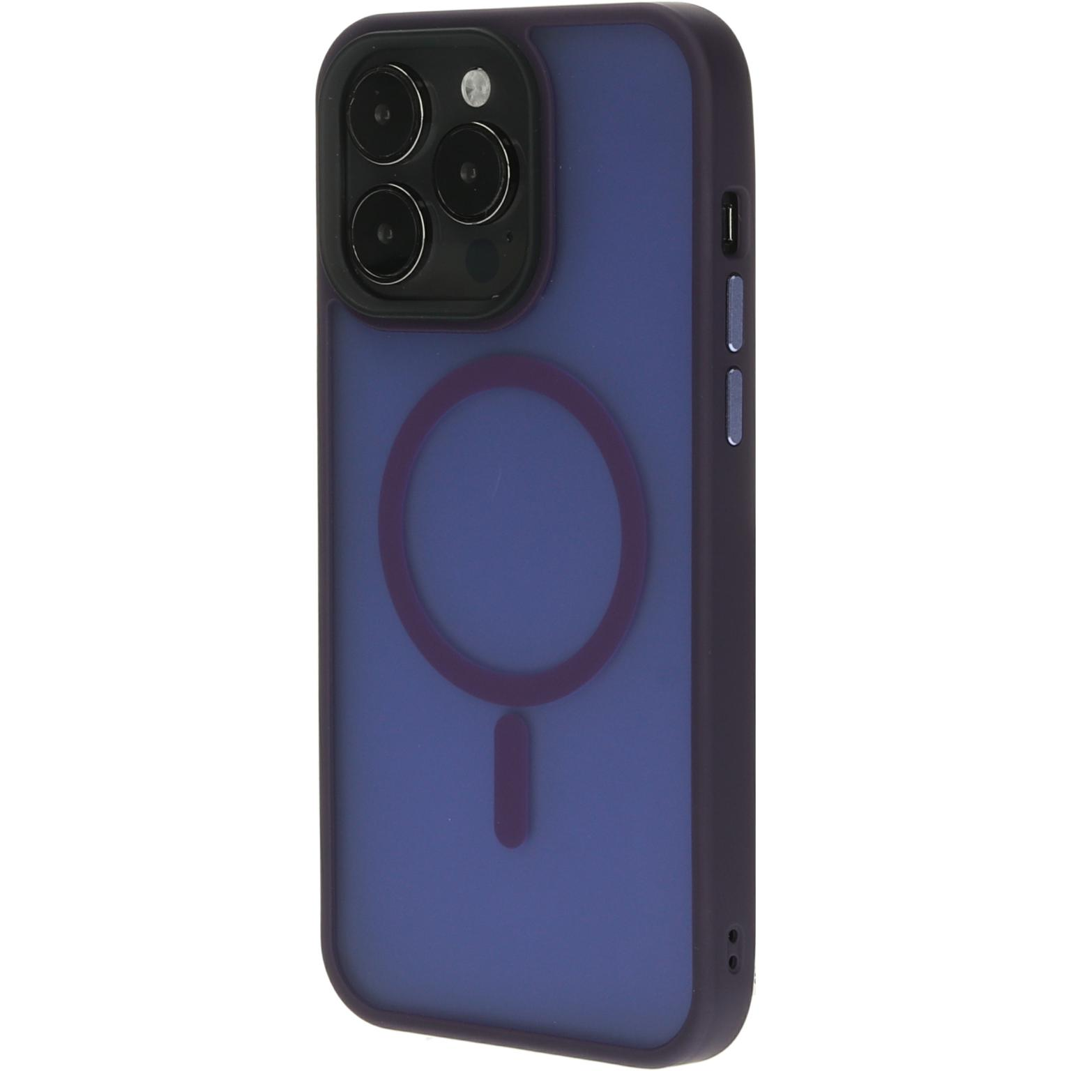 Paarse telefoonhoes met een paarse ring. Witte achtergrond.