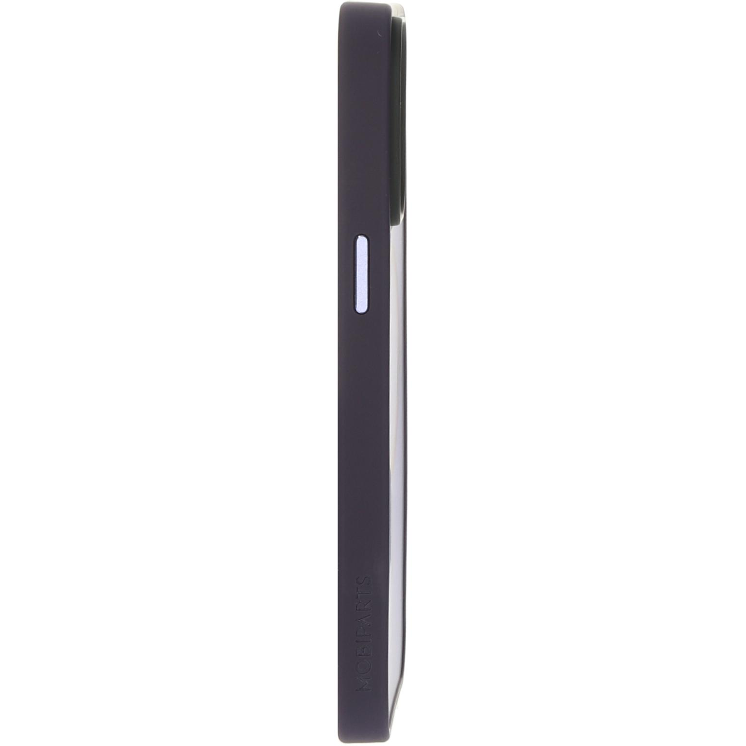 Zijaanzicht van een telefoonhoesje met een telefoon erin. Witte achtergrond. De hoes is donkerpaars.