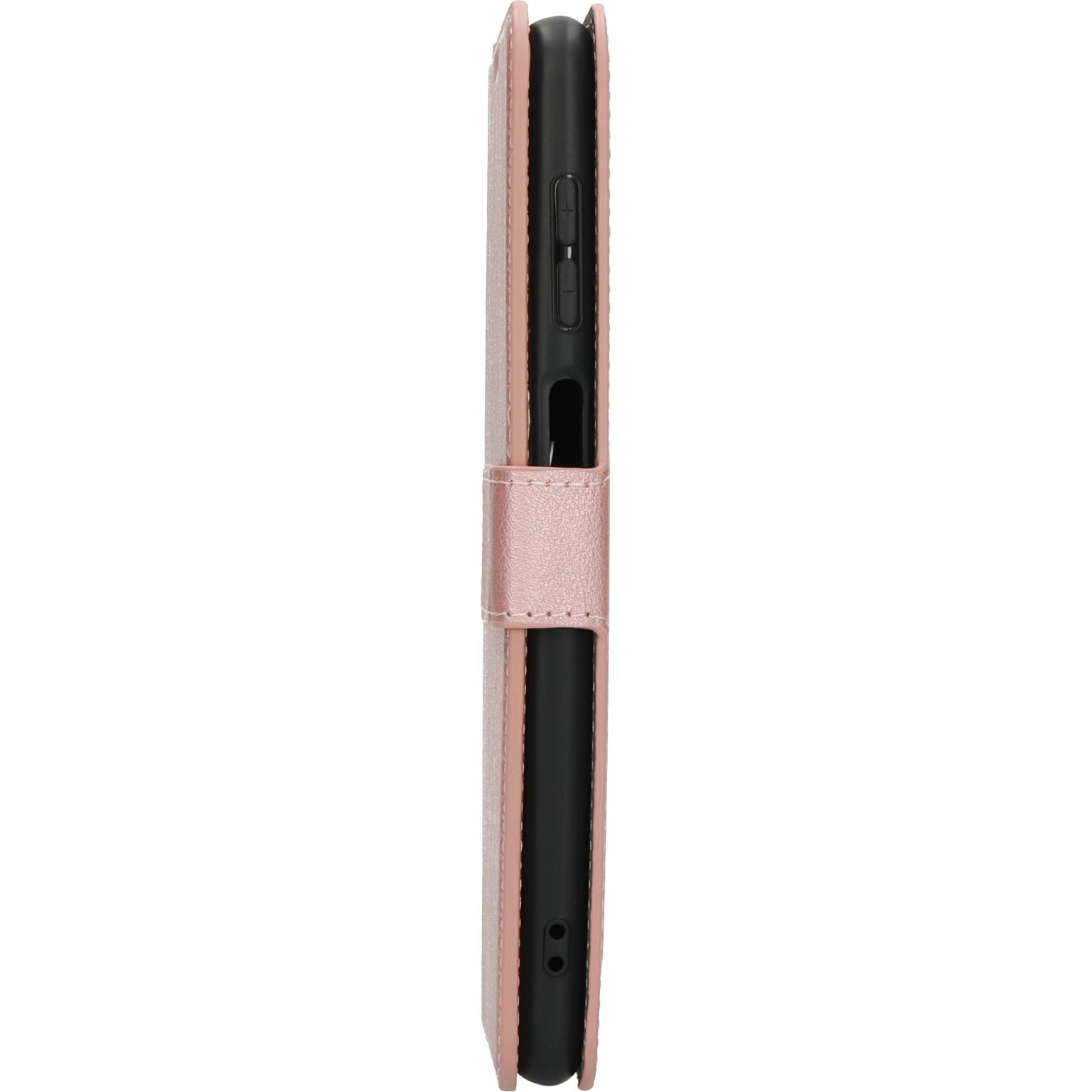 Roze leren telefoonhoes in portemonnee-stijl. De hoes is gesloten en toont de zijkant.