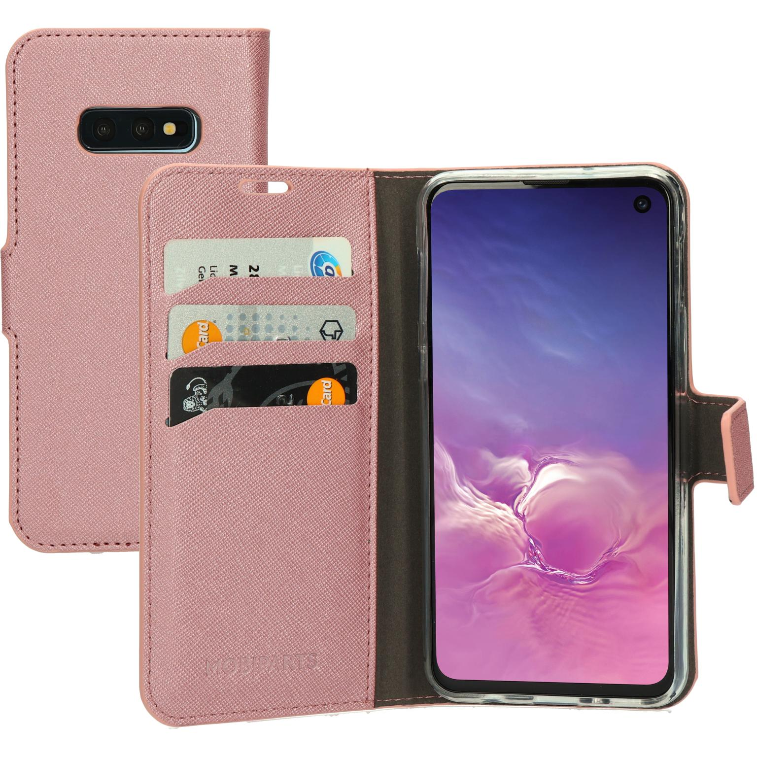 Roze telefoonhoes, open, met een telefoon, creditcards en het MobiParts-logo.