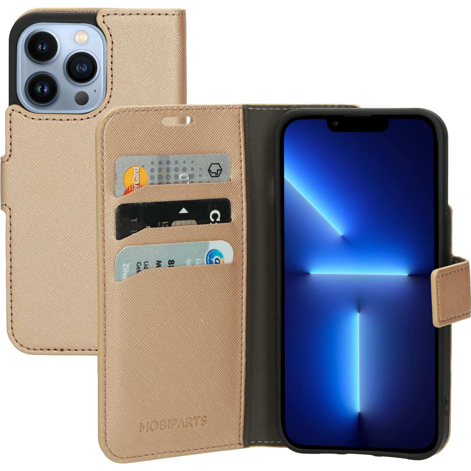 Een bruin telefoonhoesje met een telefoon en kaarten, en een zwart interieur.