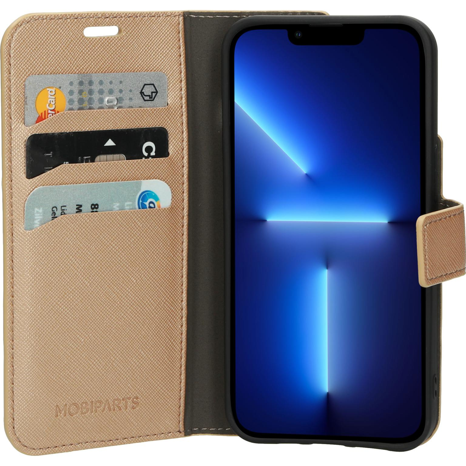 Tan telefoonhoes, open, met kaartsleuven en een telefoon.