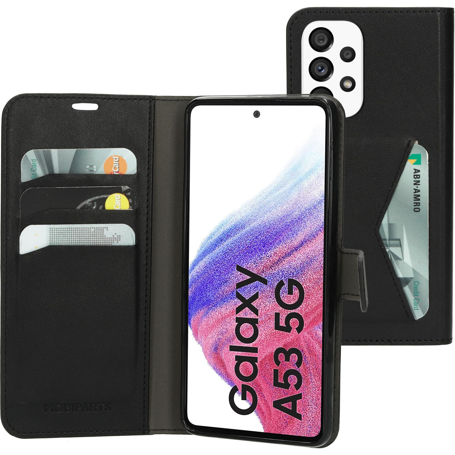 Zwarte telefoonhoes, open, met een telefoon erin, creditcards en het MobiParts-logo.
