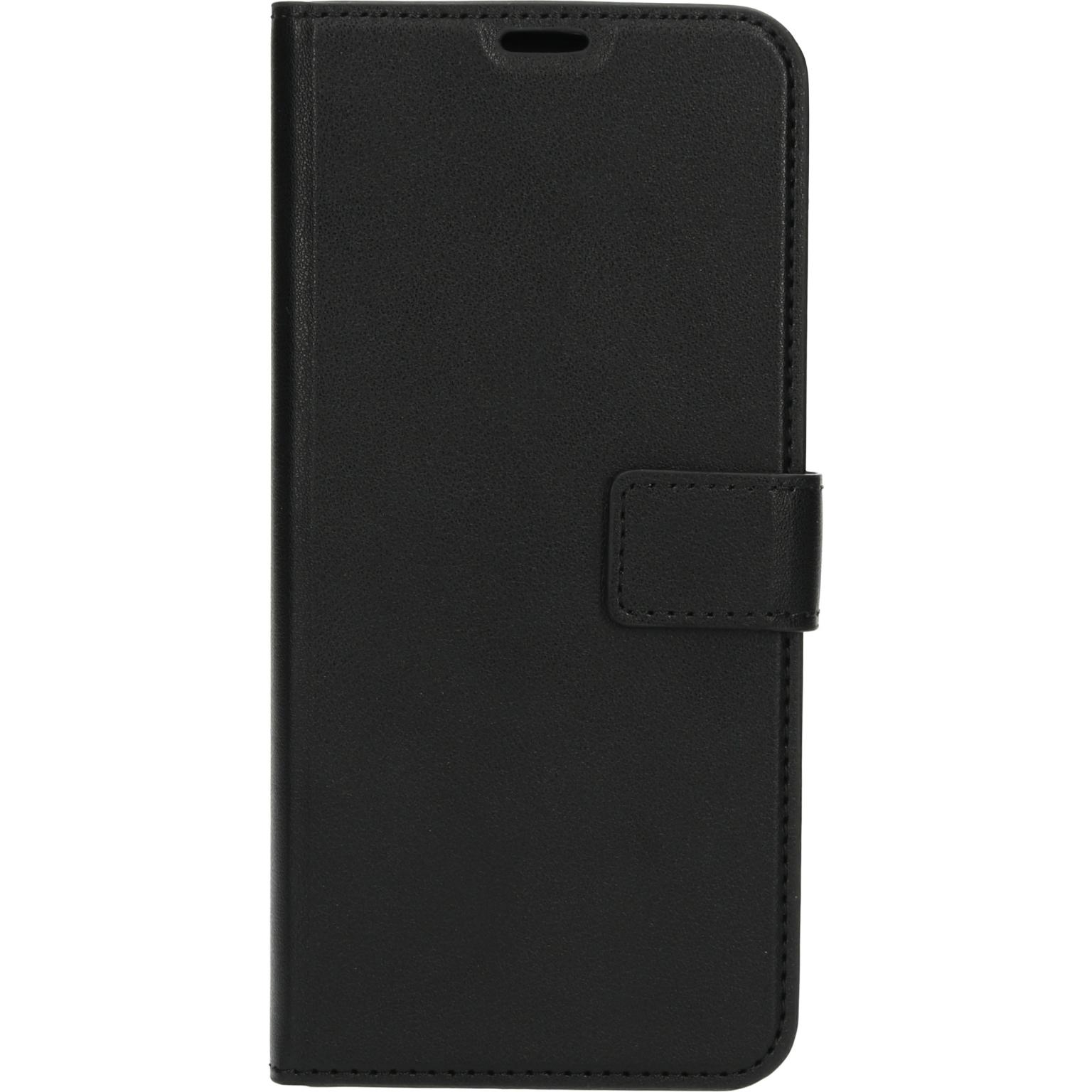 Zwarte telefoonhoes, gesloten, met magnetische sluiting.