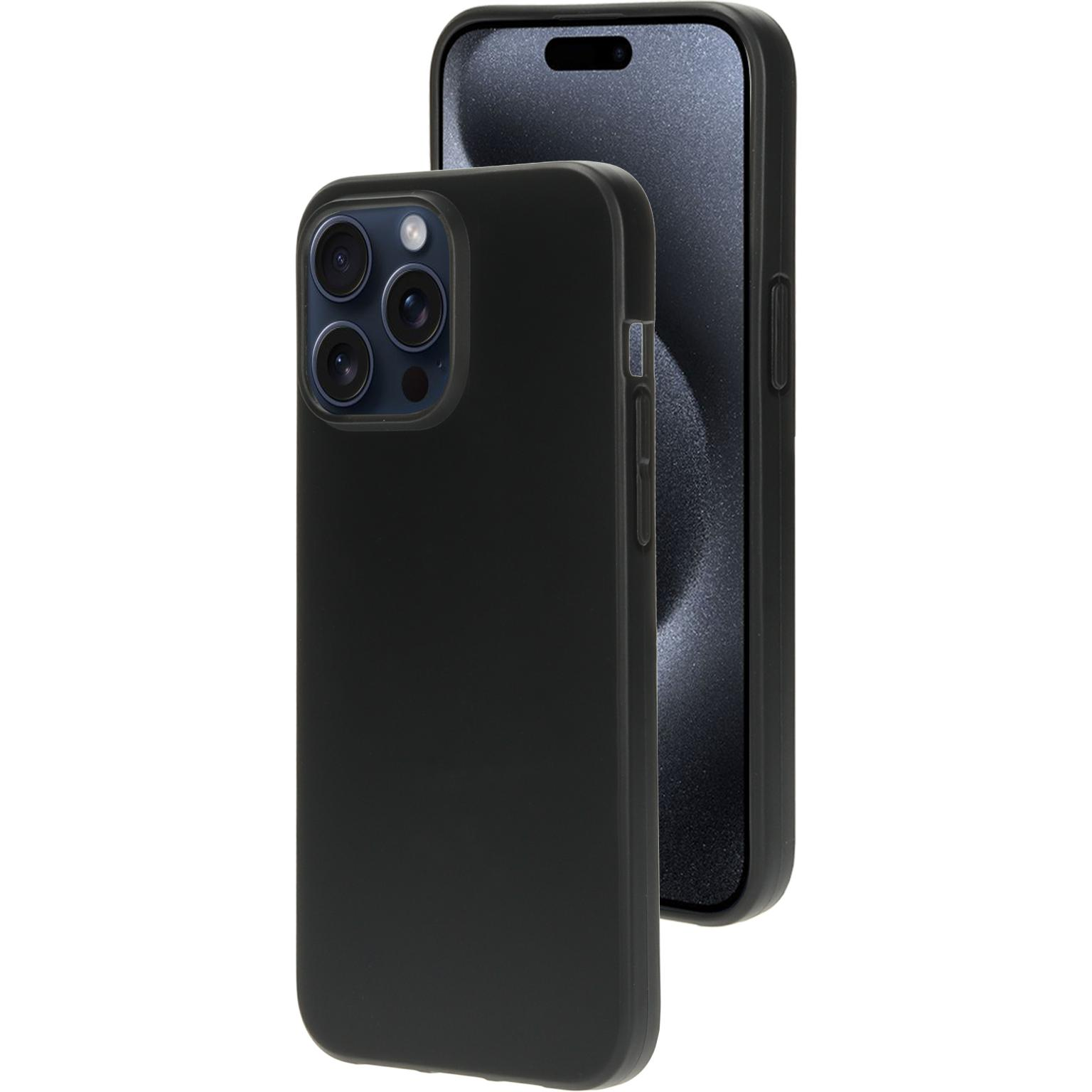 Twee zwarte iPhone-hoesjes. Eén zit op een telefoon, de ander ernaast. Beide op een wit oppervlak.