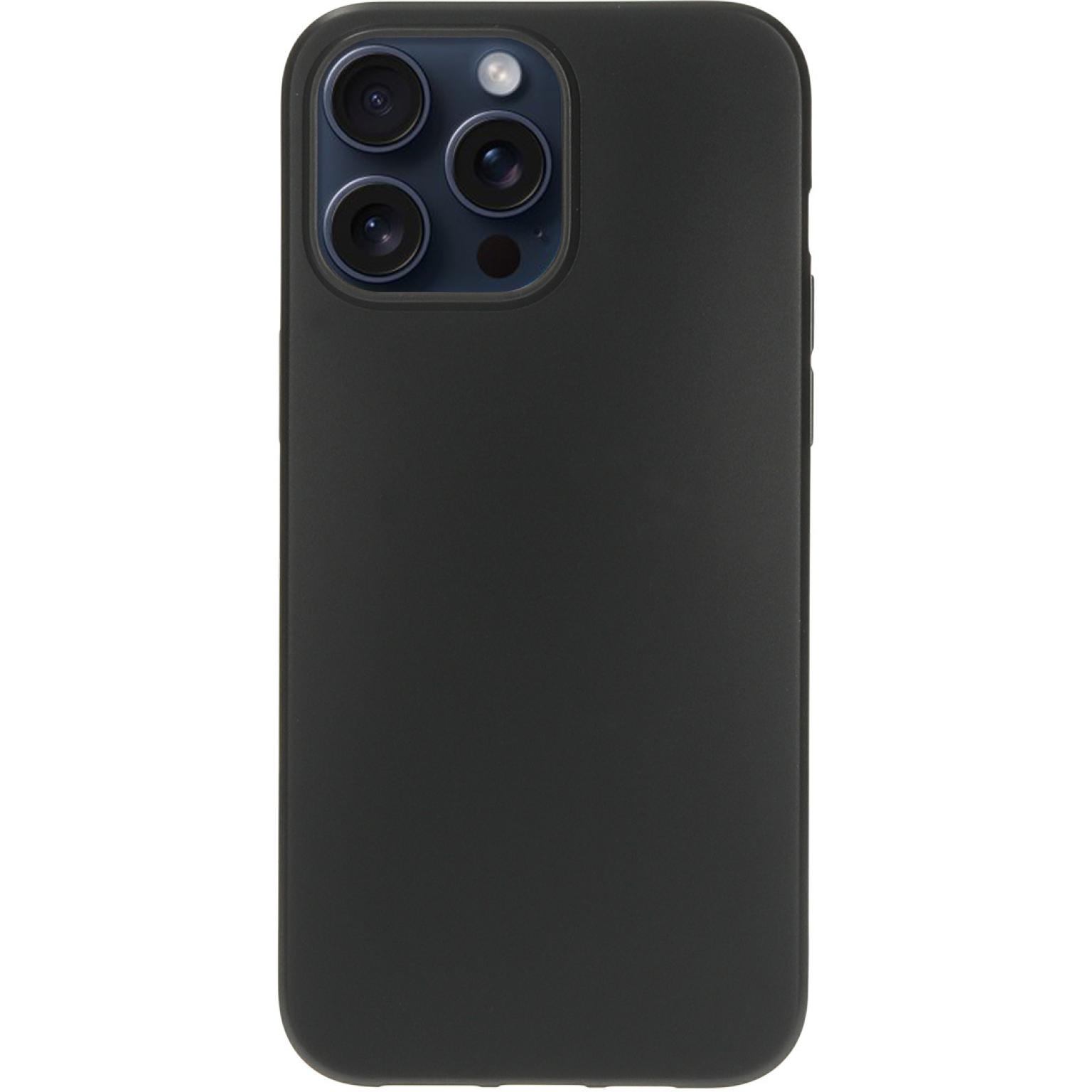 Zwarte telefoonhoes, met drie camera gaten. De achtergrond is wit.