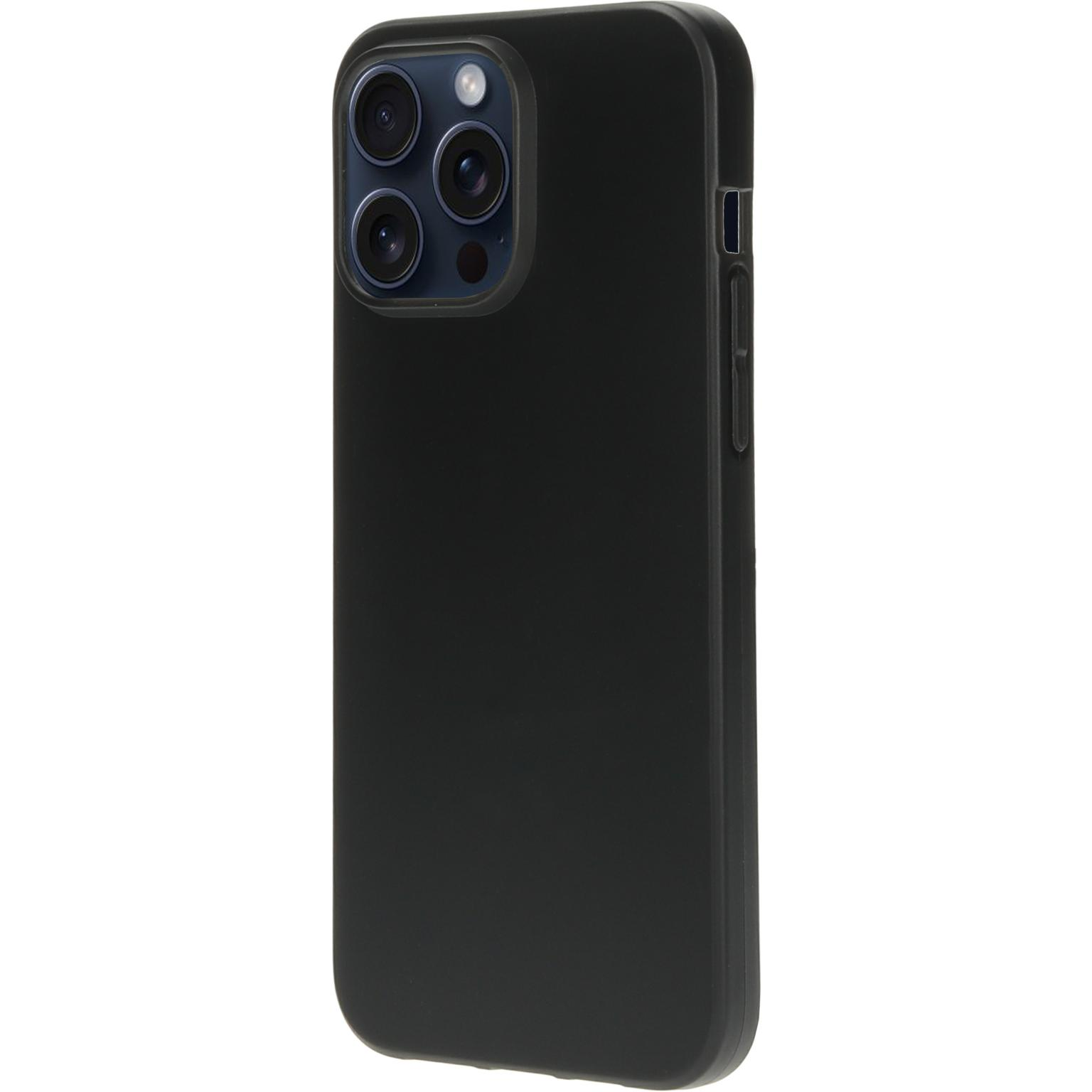 Zwarte telefoonhoes met cameralenzen en knoppen, op wit oppervlak.