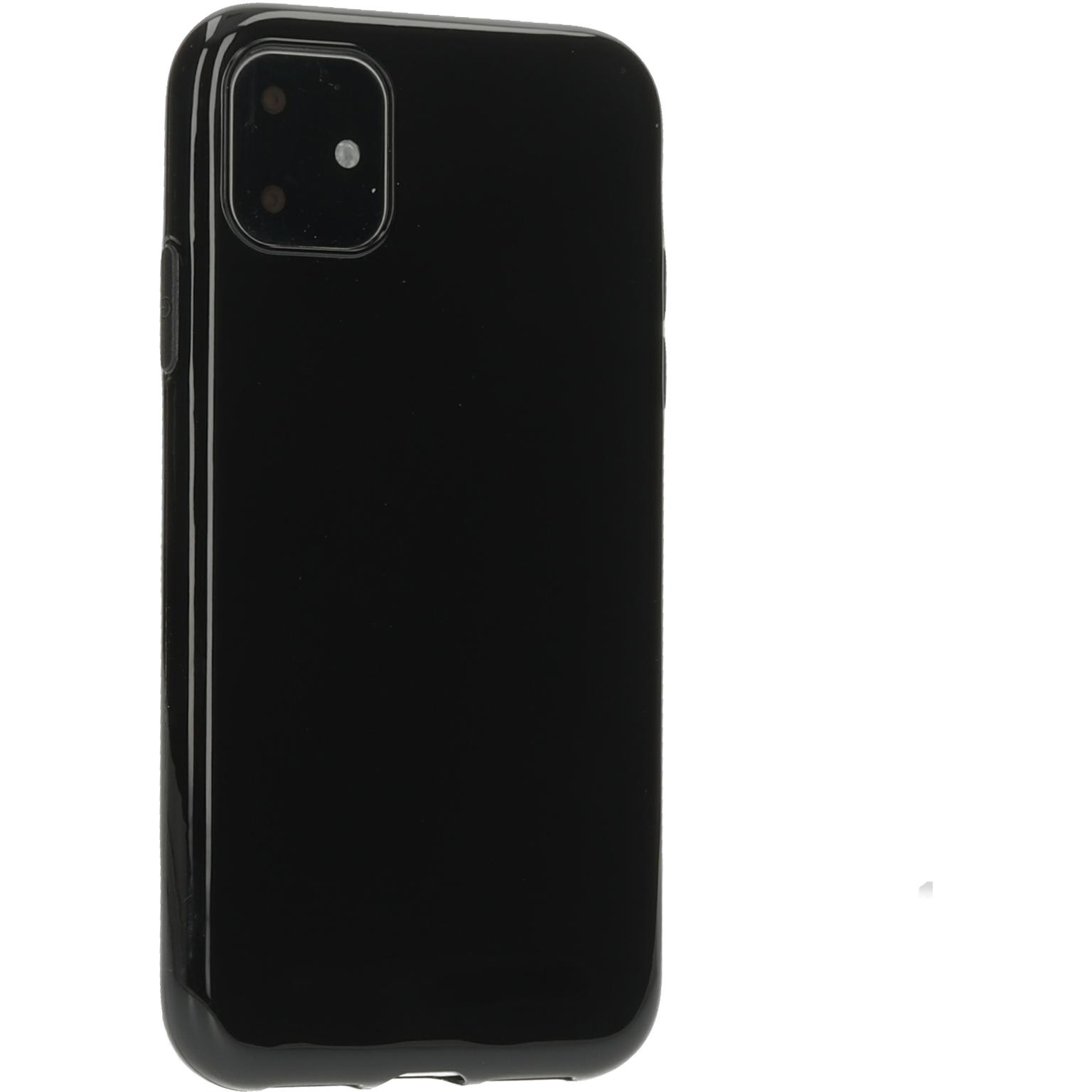 Zwarte telefoonhoes. Glanzende afwerking met afgeronde hoeken. Cameralens zichtbaar linksonder.