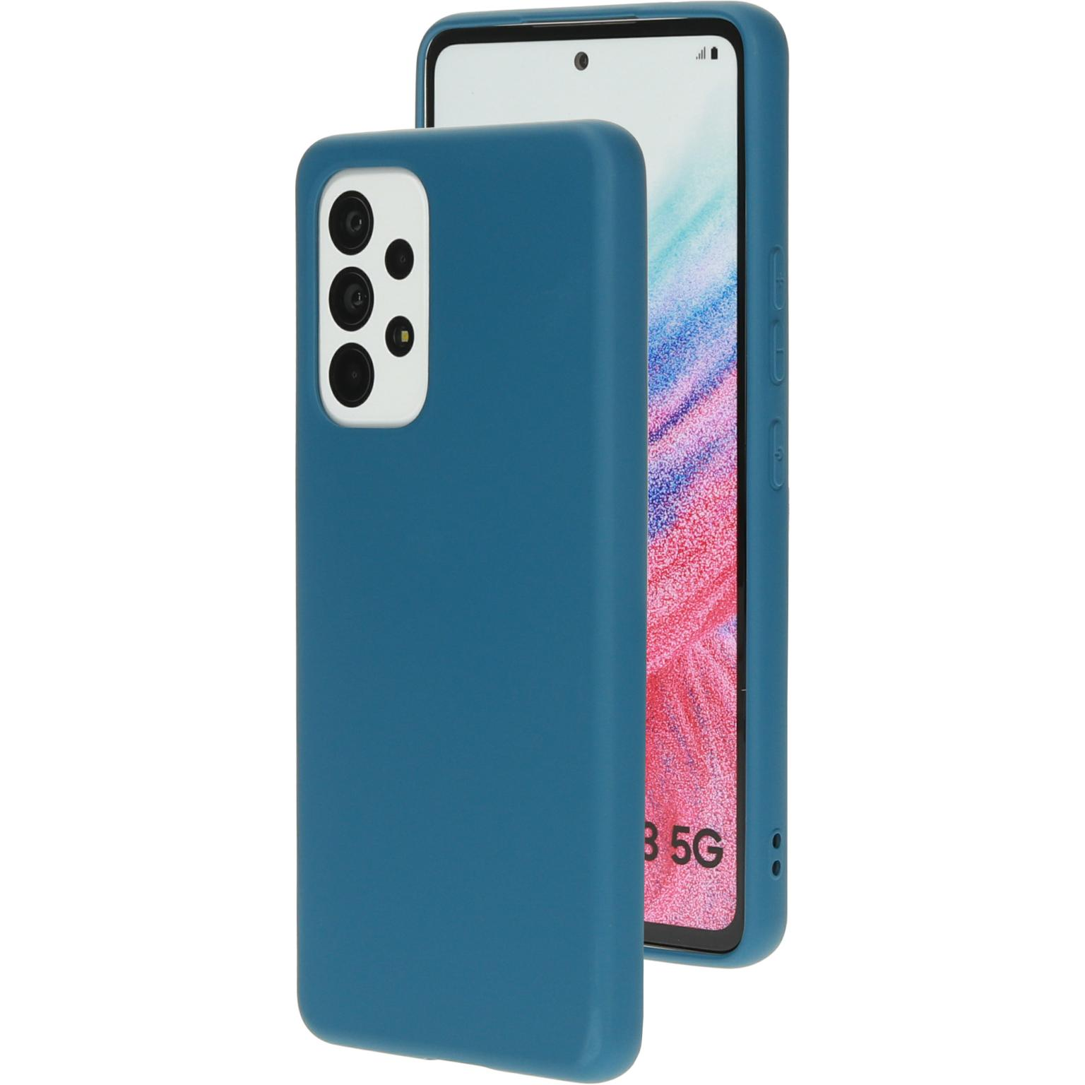Een blauw telefoonhoesje met een telefoon en een scherm met 5G.