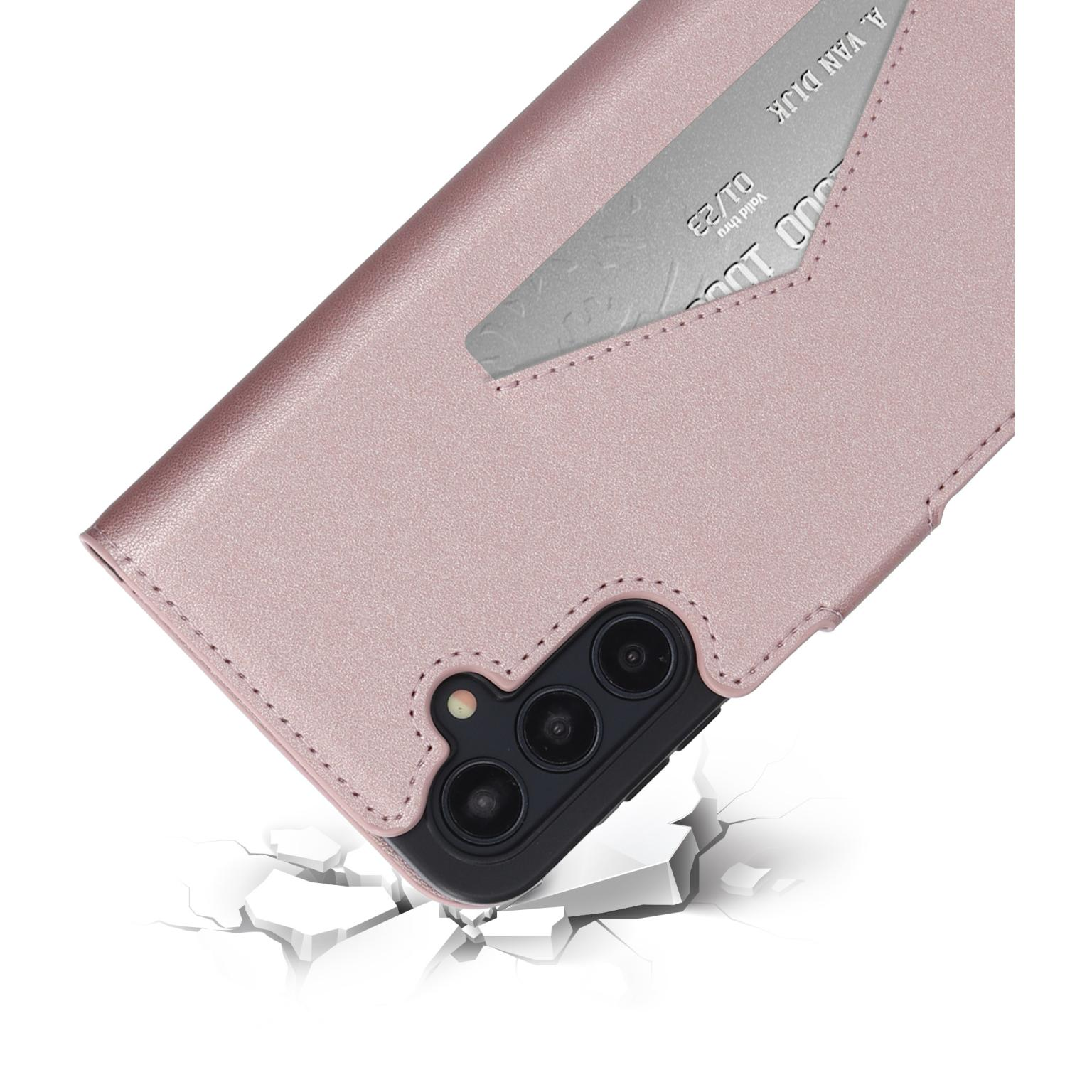 Roze telefoonhoes. Creditcard in sleuf. Uitsparing voor de camera van de telefoon.