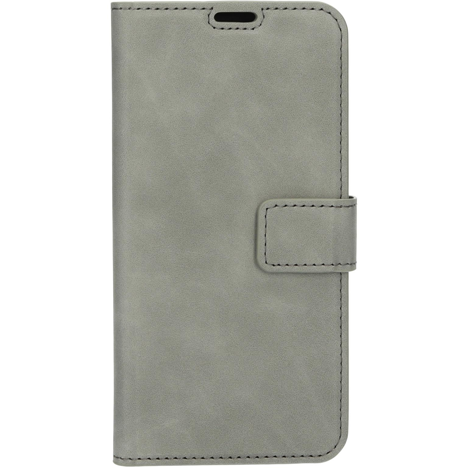 Grijze telefoonhoes met flap en magnetische sluiting, voorkant.