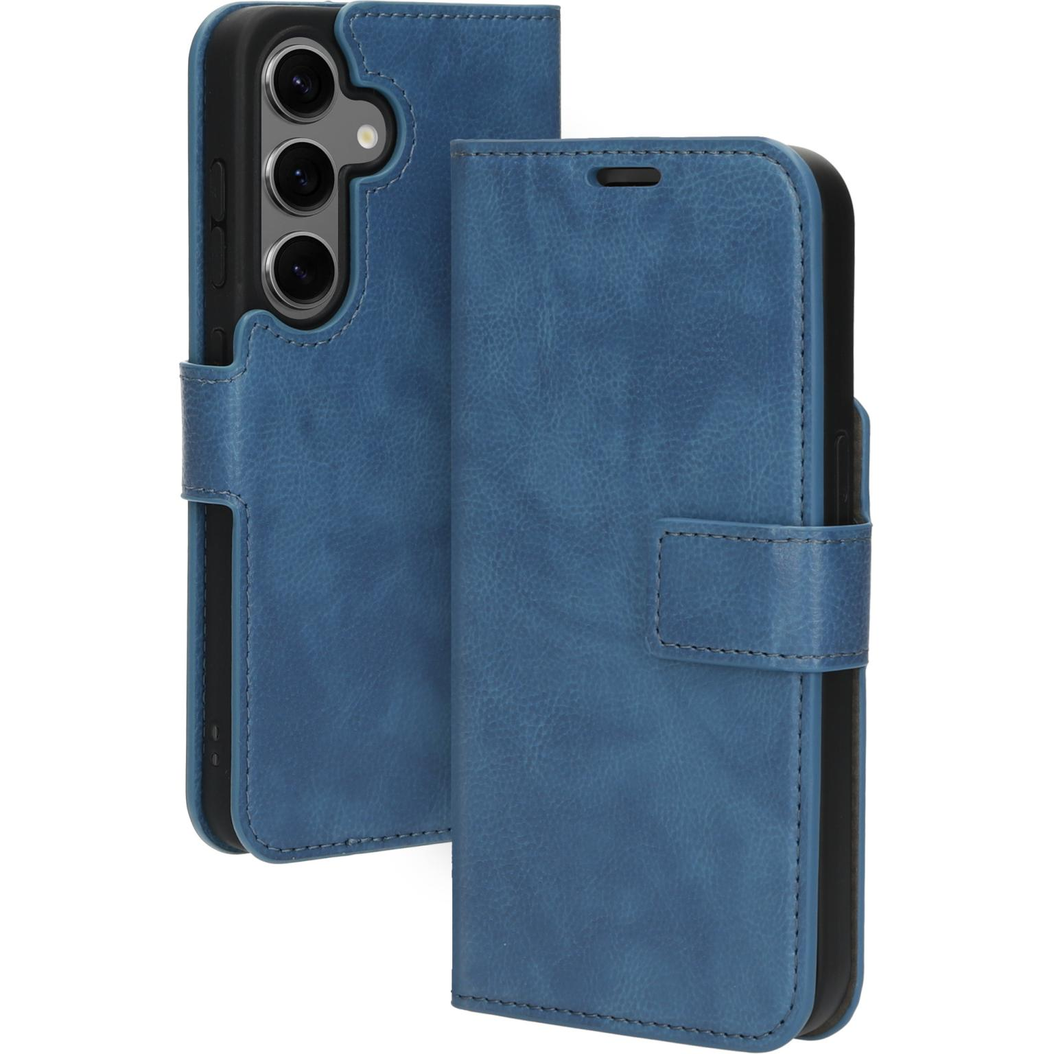 Blauwe leren telefoonhoes, open. De hoes is open, het scherm is zichtbaar. Zwart interieur.
