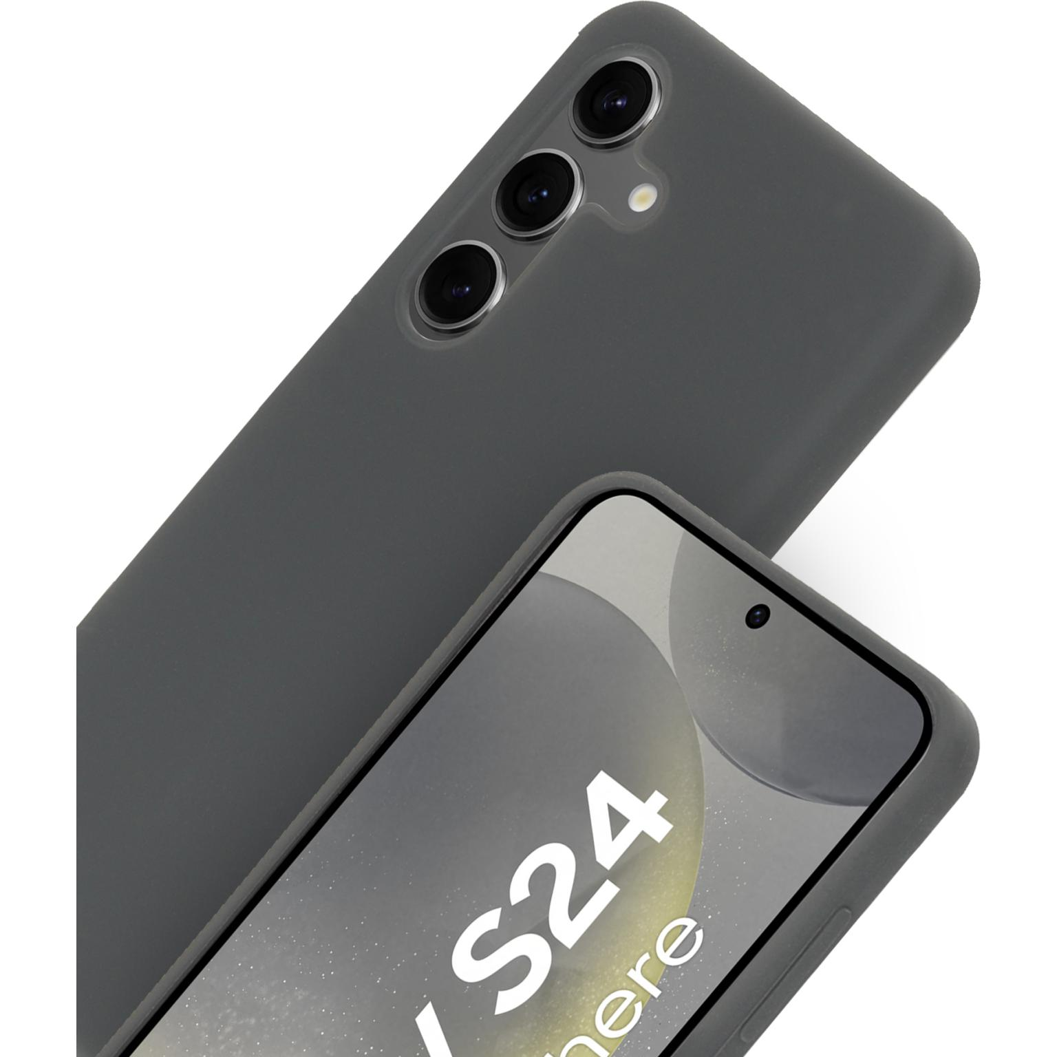 Grijze telefoonhoes met een telefoon erin. Witte achtergrond. Het scherm van de telefoon heeft het S24-logo.