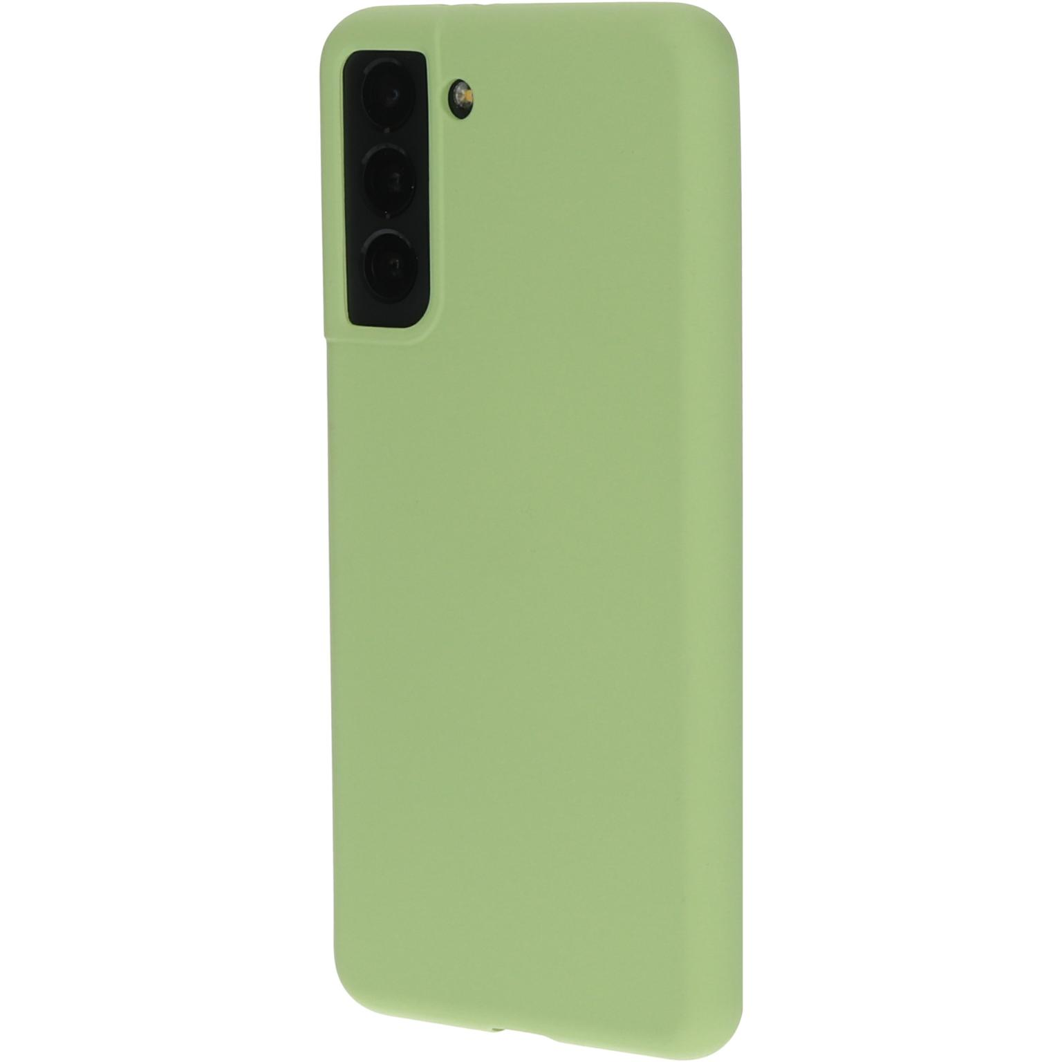 Lichtgroen telefoonhoesje met camera gaten. Witte achtergrond.