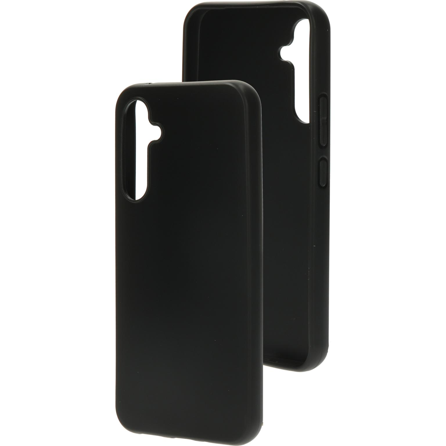 Twee zwarte telefoonhoesjes. De ene ligt op de andere. Ze zijn effen en eenvoudig.
