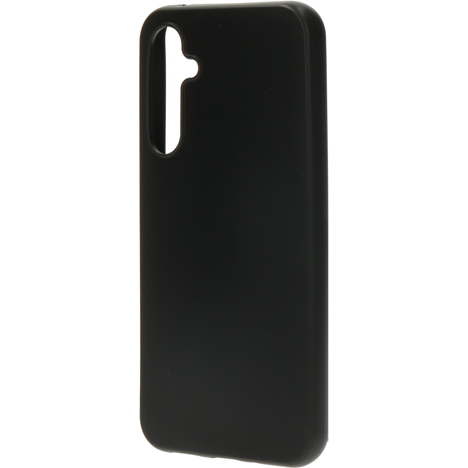 Zwarte telefoonhoes met camera-opening, gat voor oplaadpoort.