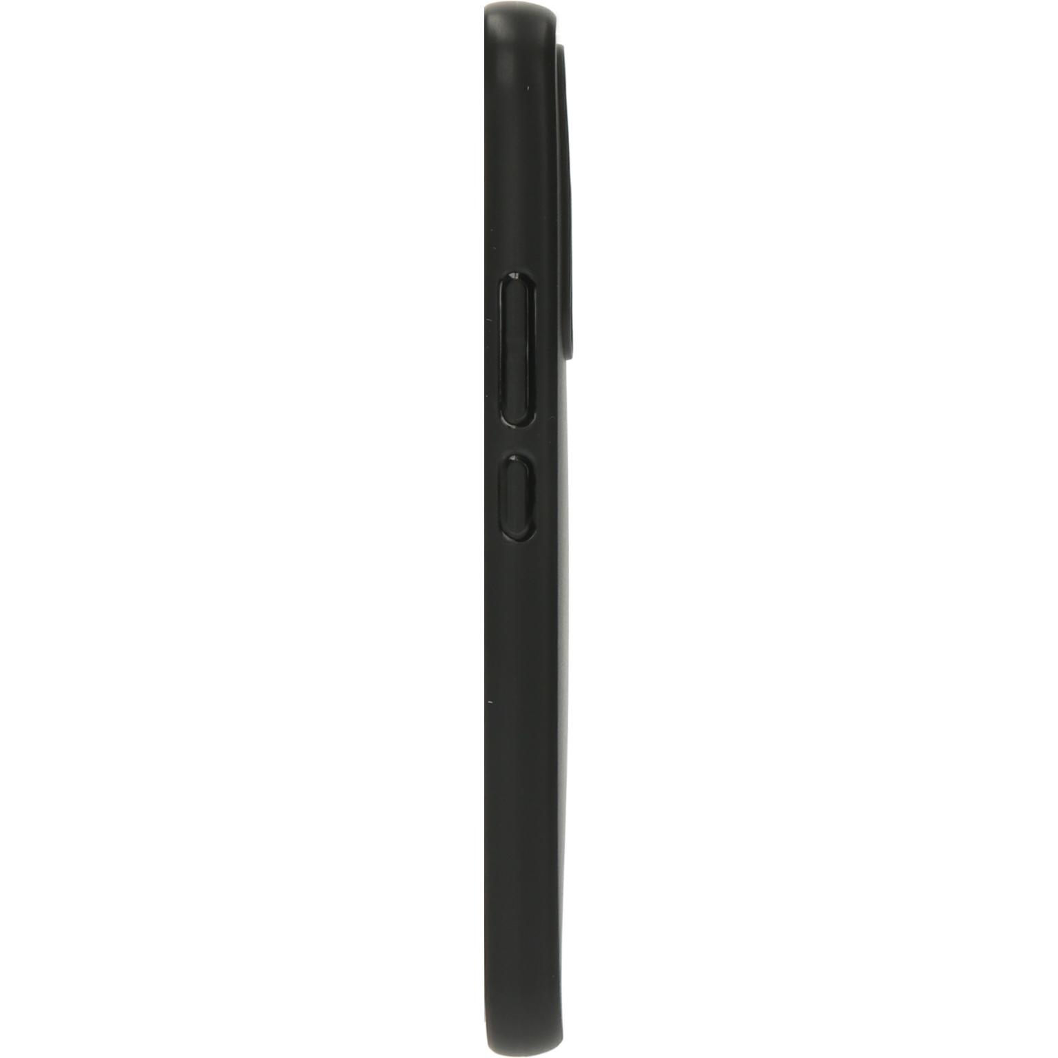 Een zwart telefoonhoesje met knoppen aan de zijkant. De hoes is effen en bedekt de zijkant van de telefoon.