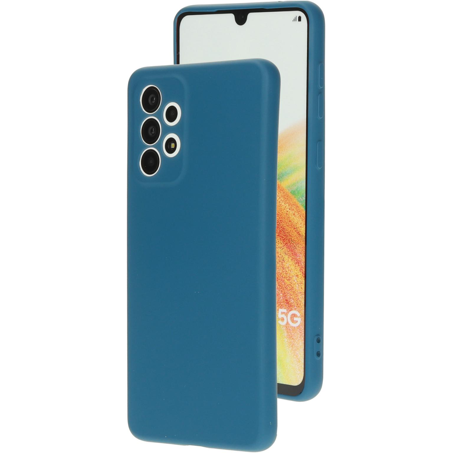 Een blauwe telefoon en hoes, met het scherm van de telefoon zichtbaar.