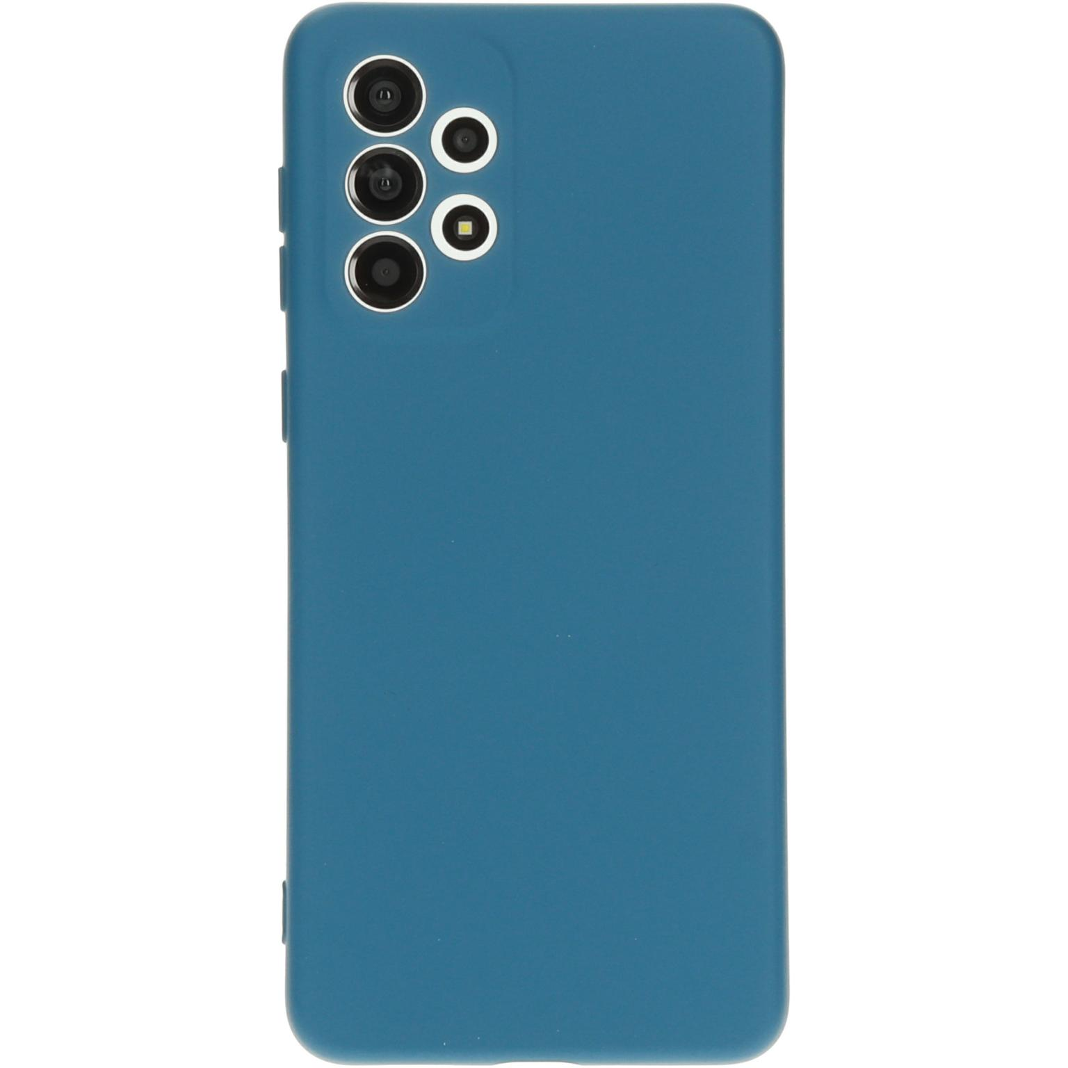 Blauwe telefoonhoes met cameramodule. Het heeft een gladde textuur en zijknoppen.