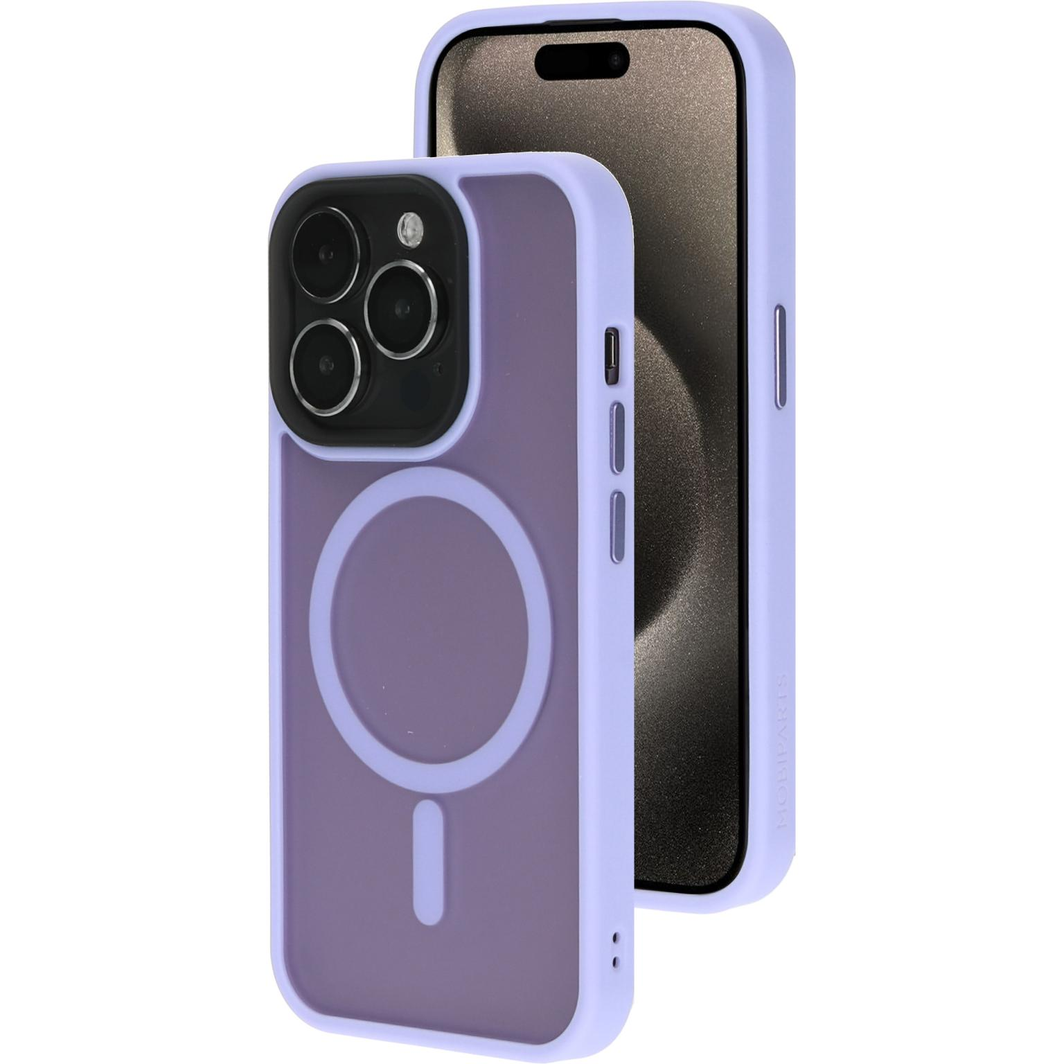 Paarse telefoonhoes met een magnetische ring op de achterkant, met een telefoon erin.