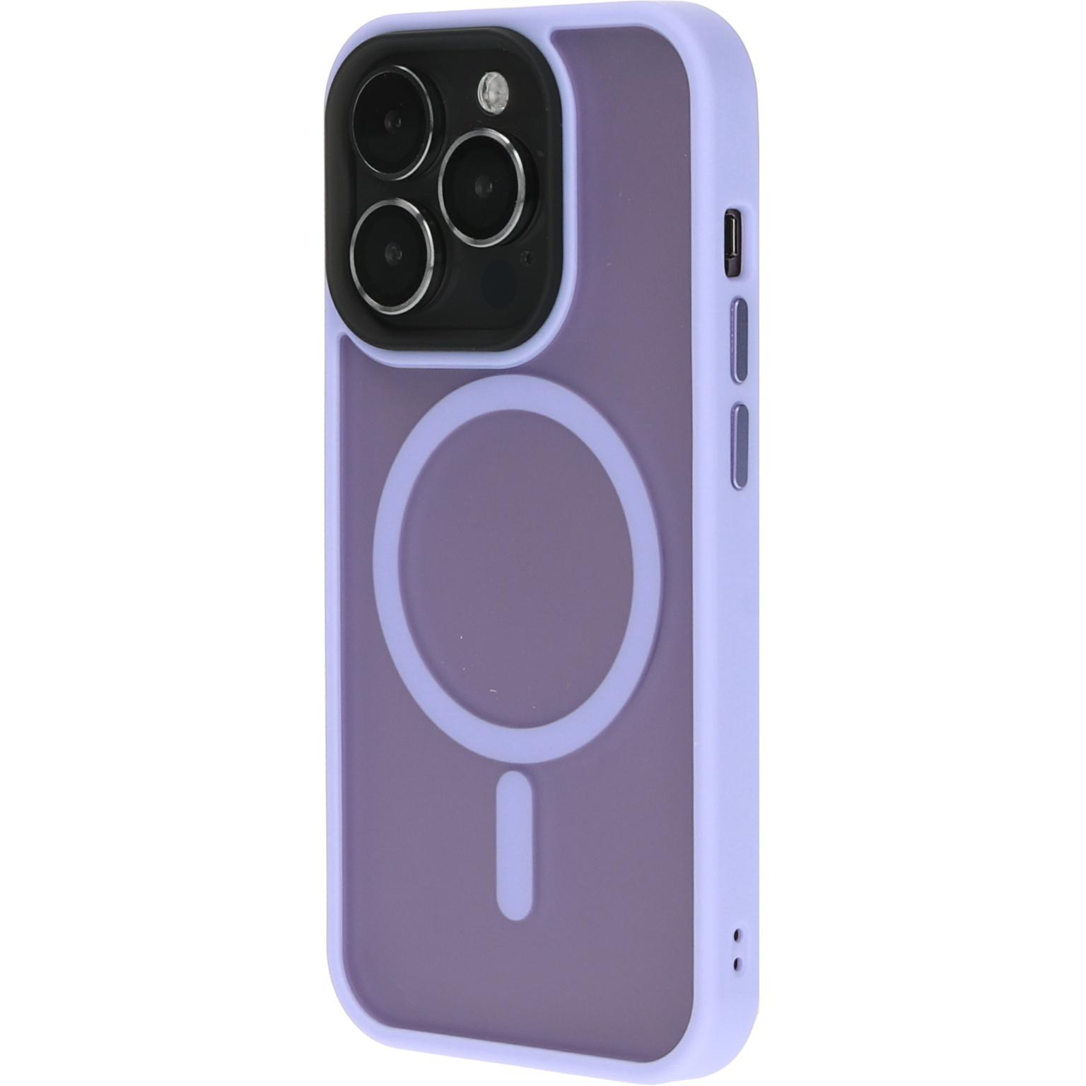 Paarse telefoonhoes met MagSafe cirkel. Telefooncamera is zichtbaar.
