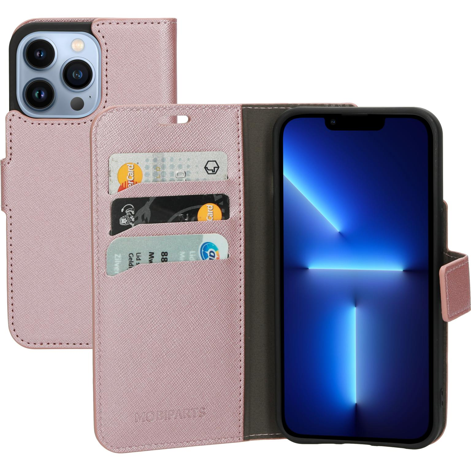 Roze telefoonhoes met kaartsleuven, met kaarten. Telefoon toont een blauw scherm.
