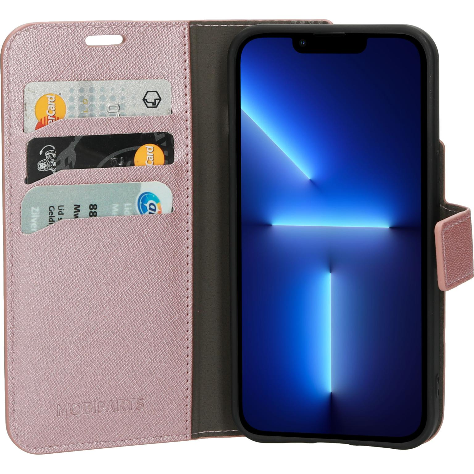 Open roze telefoonhoes met kaartsleuven. Er zit een telefoon met blauw scherm in.