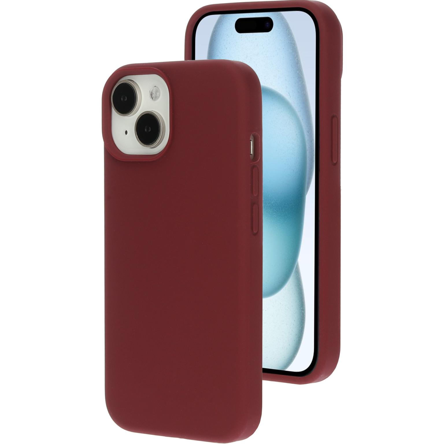 Een bordeauxrood telefoonhoesje naast een telefoon. De telefoon zit in de hoes.
